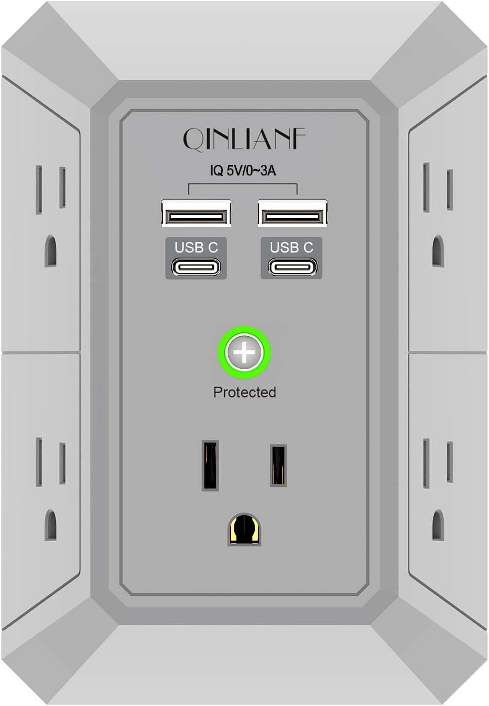 USB Wall Charger, Surge Protector, QINLIANF 5 Outlet Extender with 4 USB Charging Ports(2U2C) 3-Sided 1680J Power Strip Multi Plug Outlets Wall Adapter Spaced for Home Travel Office, Grey