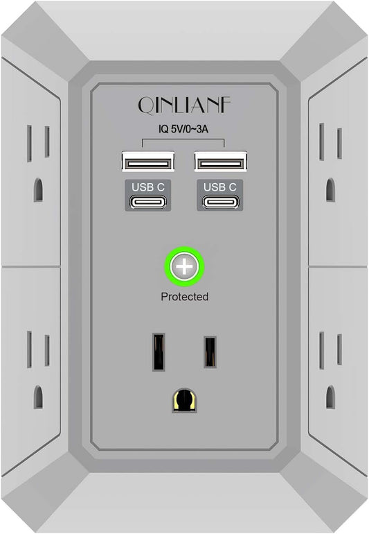 USB Wall Charger, Surge Protector, QINLIANF 5 Outlet Extender with 4 USB Charging Ports(2U2C) 3-Sided 1680J Power Strip Multi Plug Outlets Wall Adapter Spaced for Home Travel Office, Grey