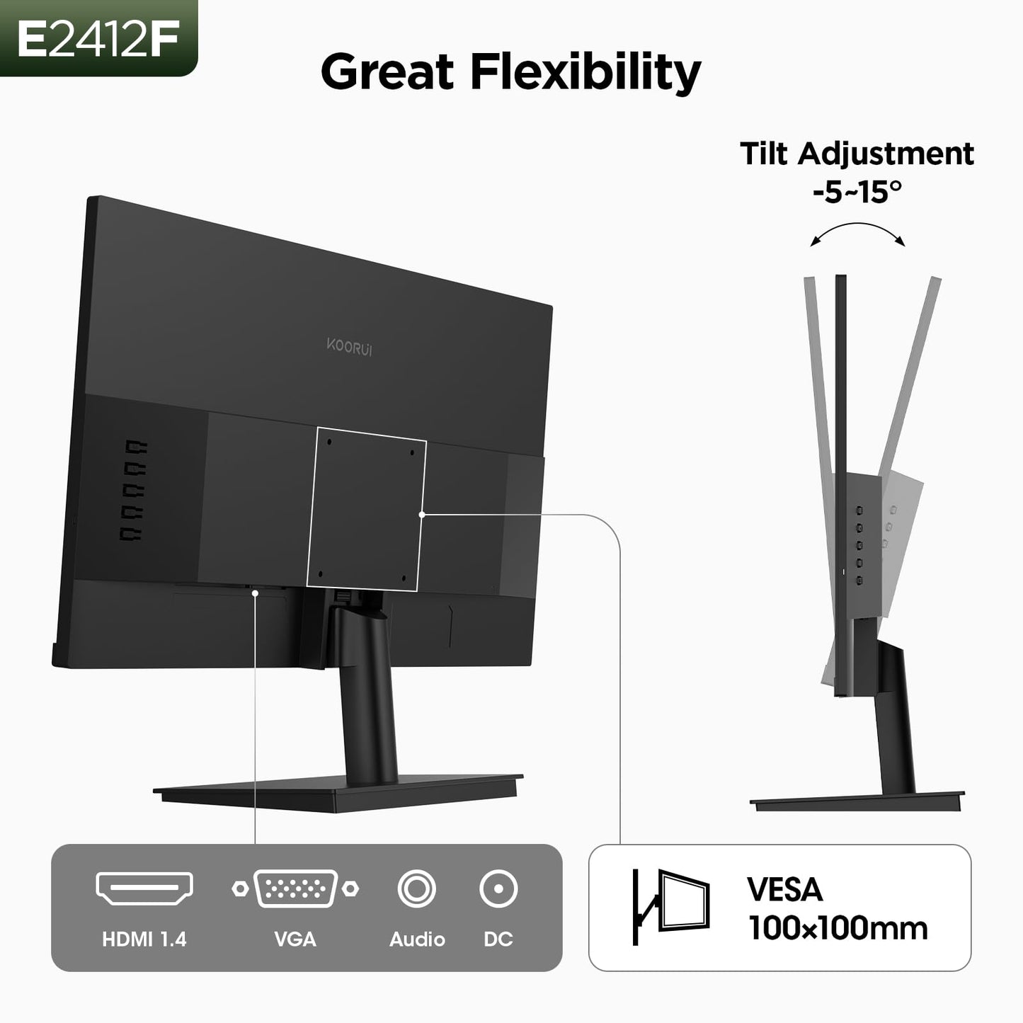 KOORUI 24-inch Computer Monitor Full HD 1920 x 1080p 100Hz VA Display 4000:1 Contrast Ratio with HDMI VGA, TÜV Rheinland Certified, 100 x 100 mm VESA Mountable, Ultra-Slim Design, Tilt, Black, E2412F
