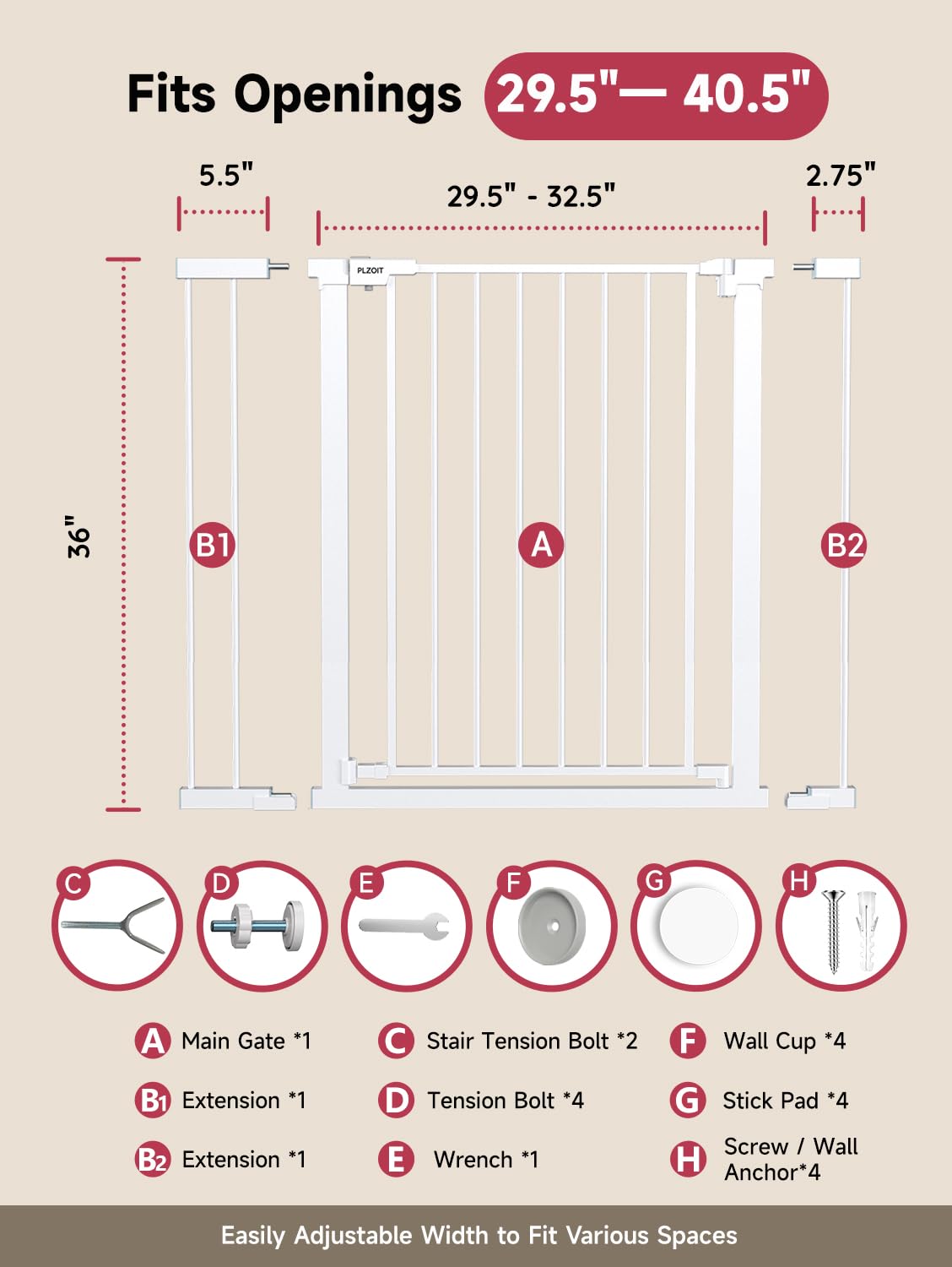 36" Extra Tall Baby Gate for Stairs, 29.5-40.5" Wide Dog Gate for Doorways, Walk Thru Auto Close Metal Pet Gate for The House, Stairs and Doorways, Child Gate Pressure Mounted Dog Gate Indoor