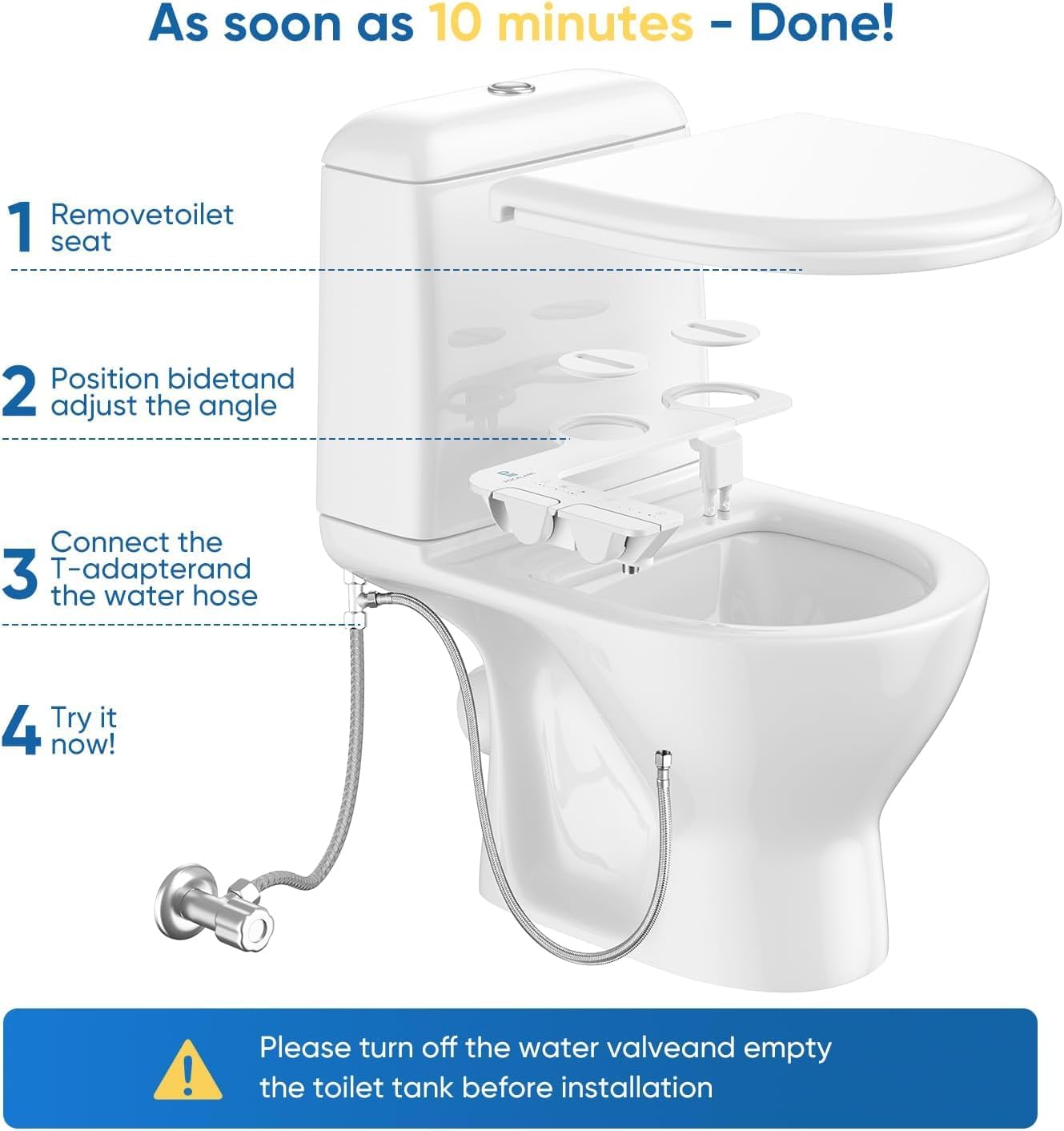 Ultra-Slim 3-in1 Bidet, Self-Cleaning, Posterior&Feminine Wash-(Retractable Dual Nozzles), Non-Electric Bidet Attachment for Toilet Seat, Adjustable Fresh Cold Water Pressure, Stainless Steel Inlet