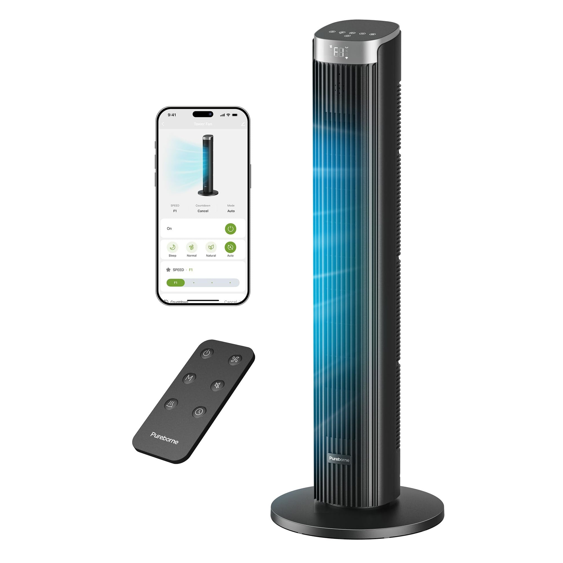 Tower Fan for Home Bedroom, 25dB Ultra-Quiet Sleep Mode, 25ft/s Smart Standing Fans, 90° Oscillating Floor Fan, Works with WiFi Voice Control, 4 Speeds 4 Modes, 12H Timer, 42” Black, 1 Pack