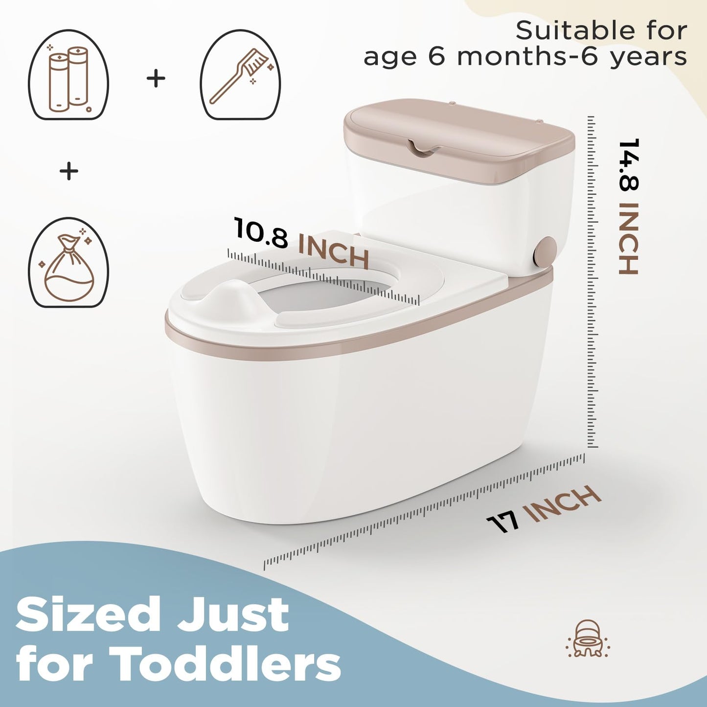 3-in-1 Toddler Potty Training Toilet with Flushing Sound, Wipes Storage & Toilet Paper Holder, Realistic Potty Chair with Detachable Seat and Easy-Clean Design for Boys & Girls Ages 18+ Months (Brown)