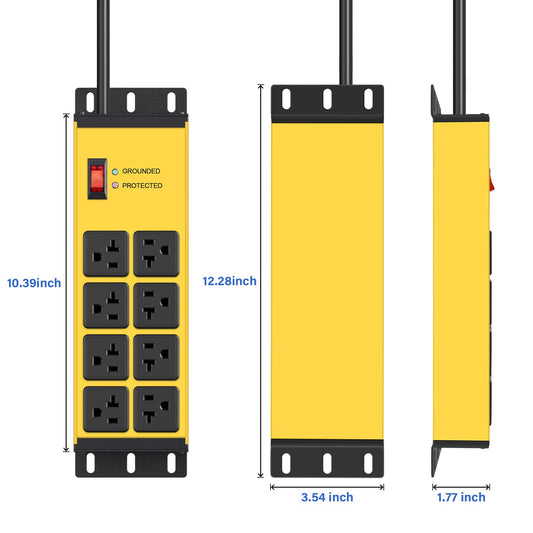 CCCEI Heavy Duty Power Strip Surge Protector 20 AMP Switch, 12 Gauge Extension Cord with Multiple Outlets, Industrial, Shop, Garage High Amp Wall Mount Electric Extender. 6FT, Yellow.