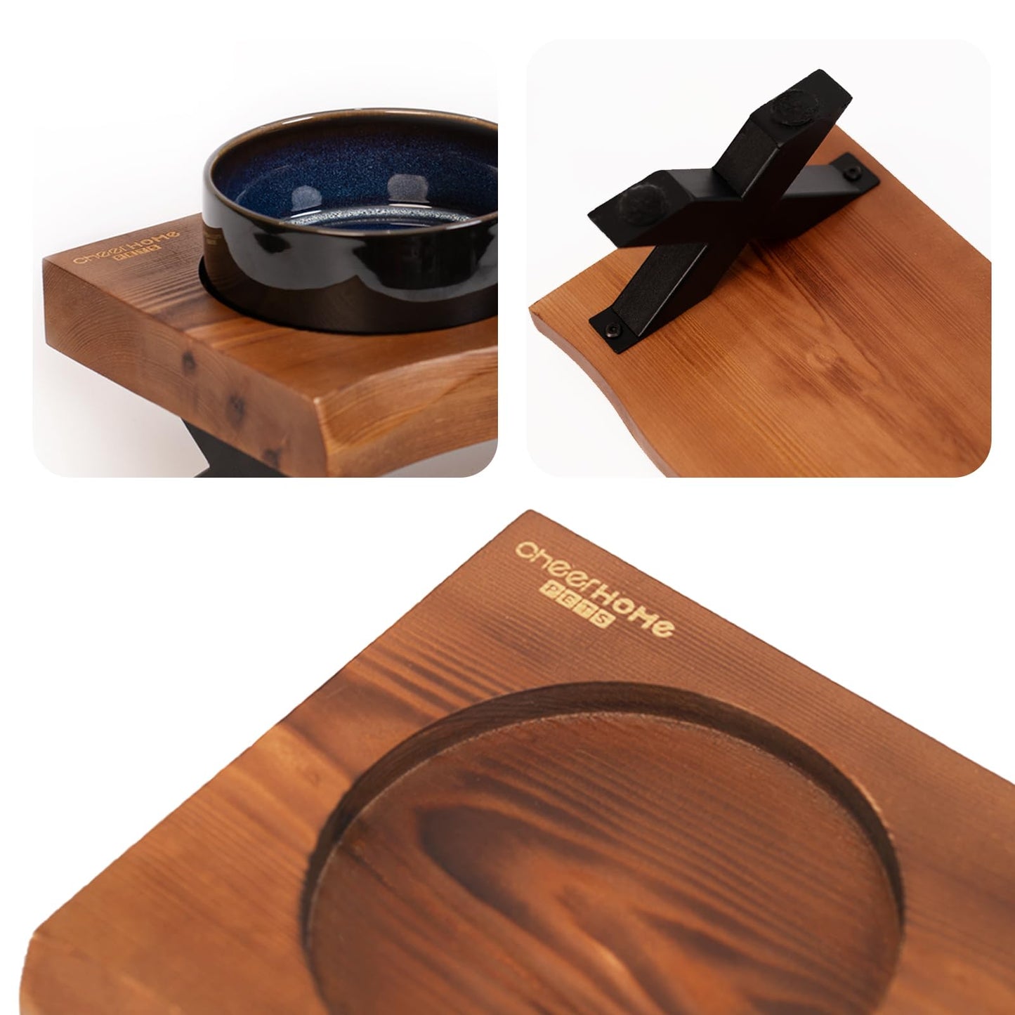 CHEERHOME PETS Raised Cat Ceramic Bowls for Small and Medium Dog, Solid Wooden Dog Food Bowl with Stand, Food Feeding Dishes Water Bowl for Cats and Puppy(Grilled Pine Wood)