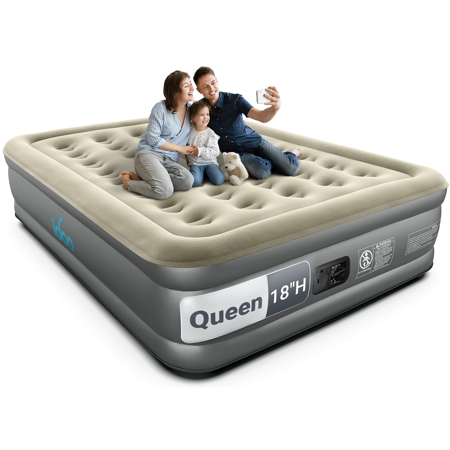 iDOO Queen Air Mattress with Built in Pump, 18 Raised Comfort Inflatable Blow up Mattress, Upgraded Support Structure Portable Air Bed for Camping, Guests and Home, Colchon Inflable, 650lbs Max