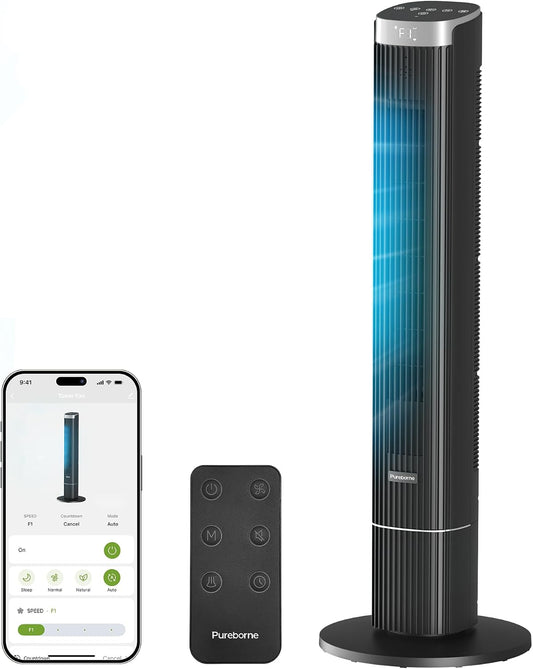 Tower Fan for Home Bedroom, 25dB Ultra-Quiet Sleep Mode, 25ft/s Smart Standing Fans, 90° Oscillating Floor Fan, Works with WiFi Voice Control, 4 Speeds 4 Modes, 12H Timer, 42” Black, 1 Pack