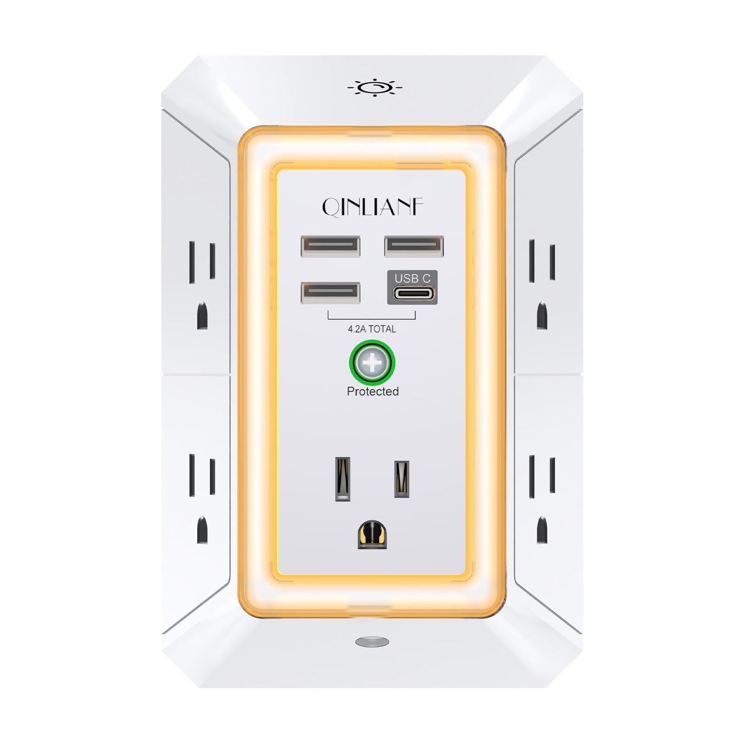 USB Wall Charger, Surge Protector, QINLIANF 5 Outlet Extender with 4 USB Charging Ports(2U2C) 3-Sided 1680J Power Strip Multi Plug Outlets Wall Adapter Spaced for Home Travel Office, Grey