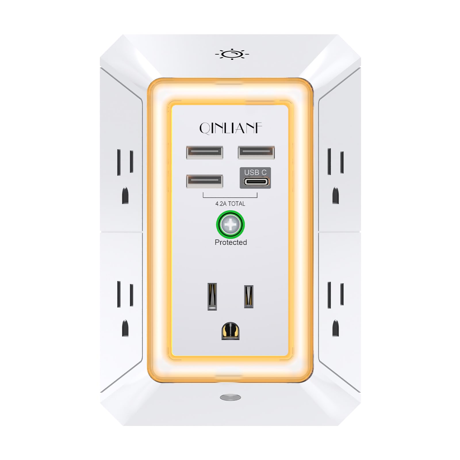 USB Wall Charger, Surge Protector, QINLIANF 5 Outlet Extender with 4 USB Charging Ports(2U2C) 3-Sided 1680J Power Strip Multi Plug Outlets Wall Adapter Spaced for Home Travel Office, Grey