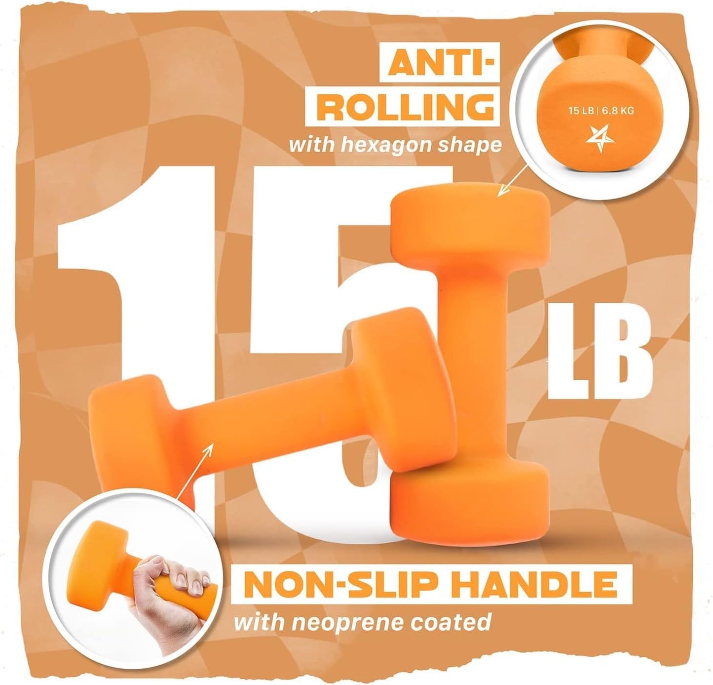 Yes4All Neoprene Coated Dumbbell Hand Weight Sets of 2 - Multiple Weight Options with 15 Colors, Anti-roll, Anti-Slip, Hexagon Shape, Dark Orange, 15 lb Pair