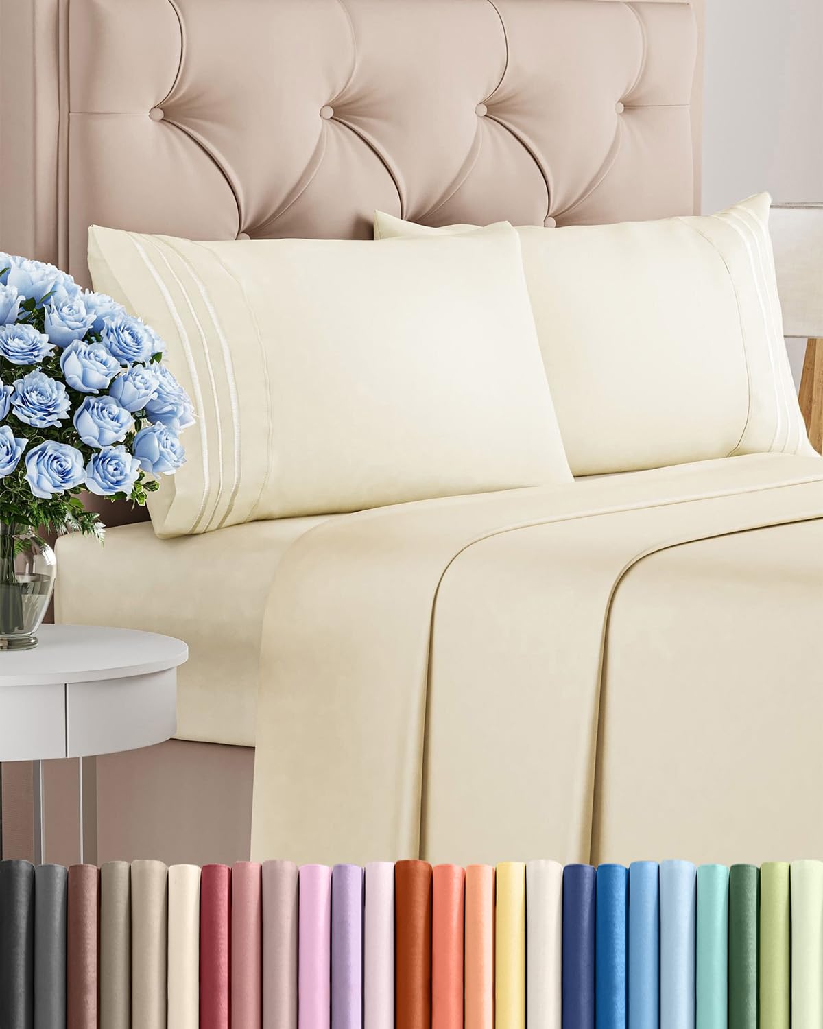 Full Size 4 Piece Sheet Set - Comfy Breathable & Cooling Sheets - Hotel Luxury Bed Sheets for Women & Men - Deep Pockets, Easy-Fit, Extra Soft and Wrinkle Free - Antique White Oeko-Tex Bed Sheet Set