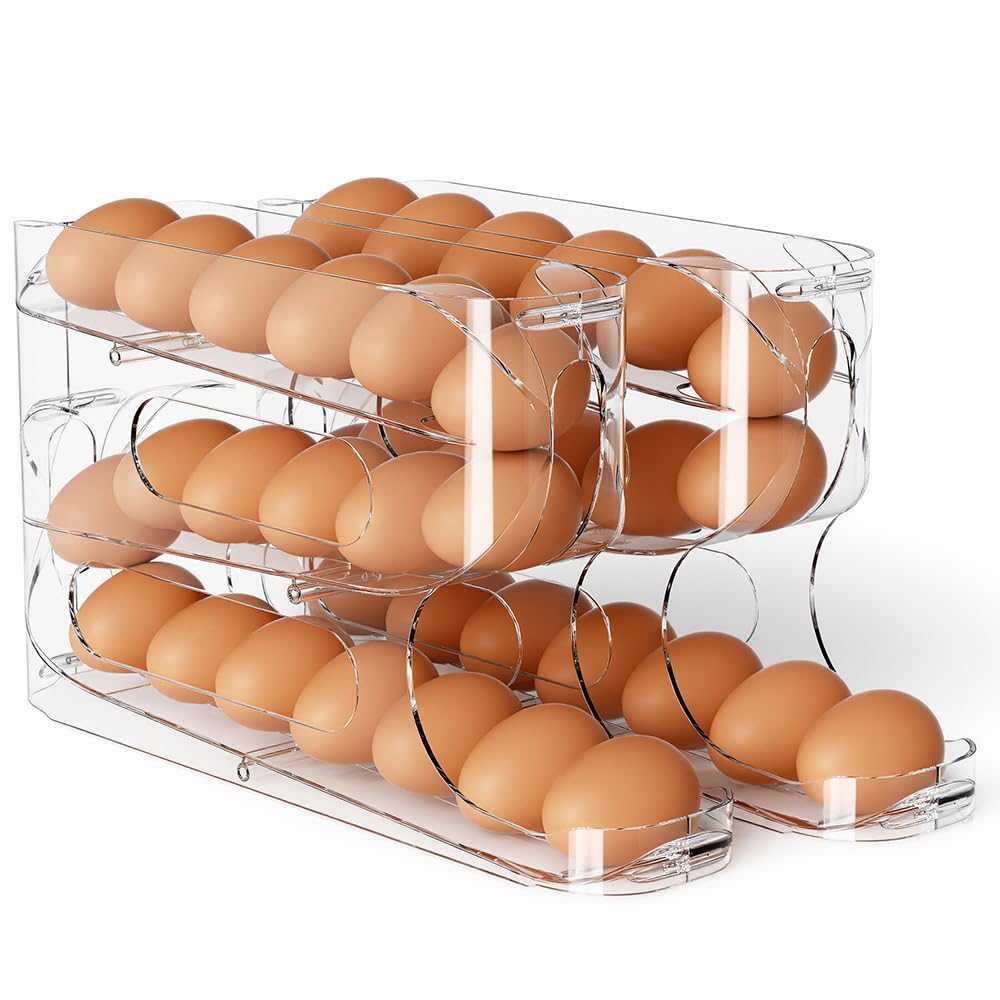Sotfamily Clear Egg Holder for Fridge, Auto Rolling Egg Dispenser for Eggs 36 Count, FIFO Design, Space-Saving Egg Roller, Organizer, Container, Storage for Refrigerator & Kitchen Countertop(2 Packs)