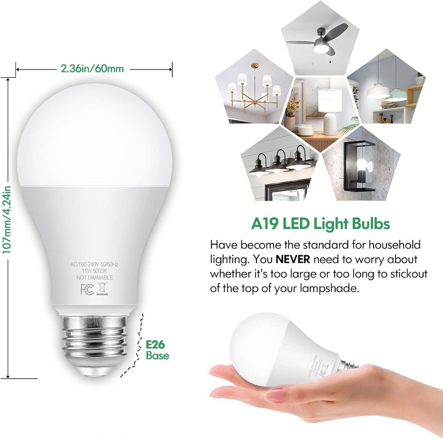 24-Pack LED Light Bulbs 100 Watt Equivalent A19 Daylight White 5000K, No Flicker Standard E26 Edison Medium Screw Base Bulbs, 1100Lumens, Non Dimmable Energy Efficient Light Bulbs For Bedroom