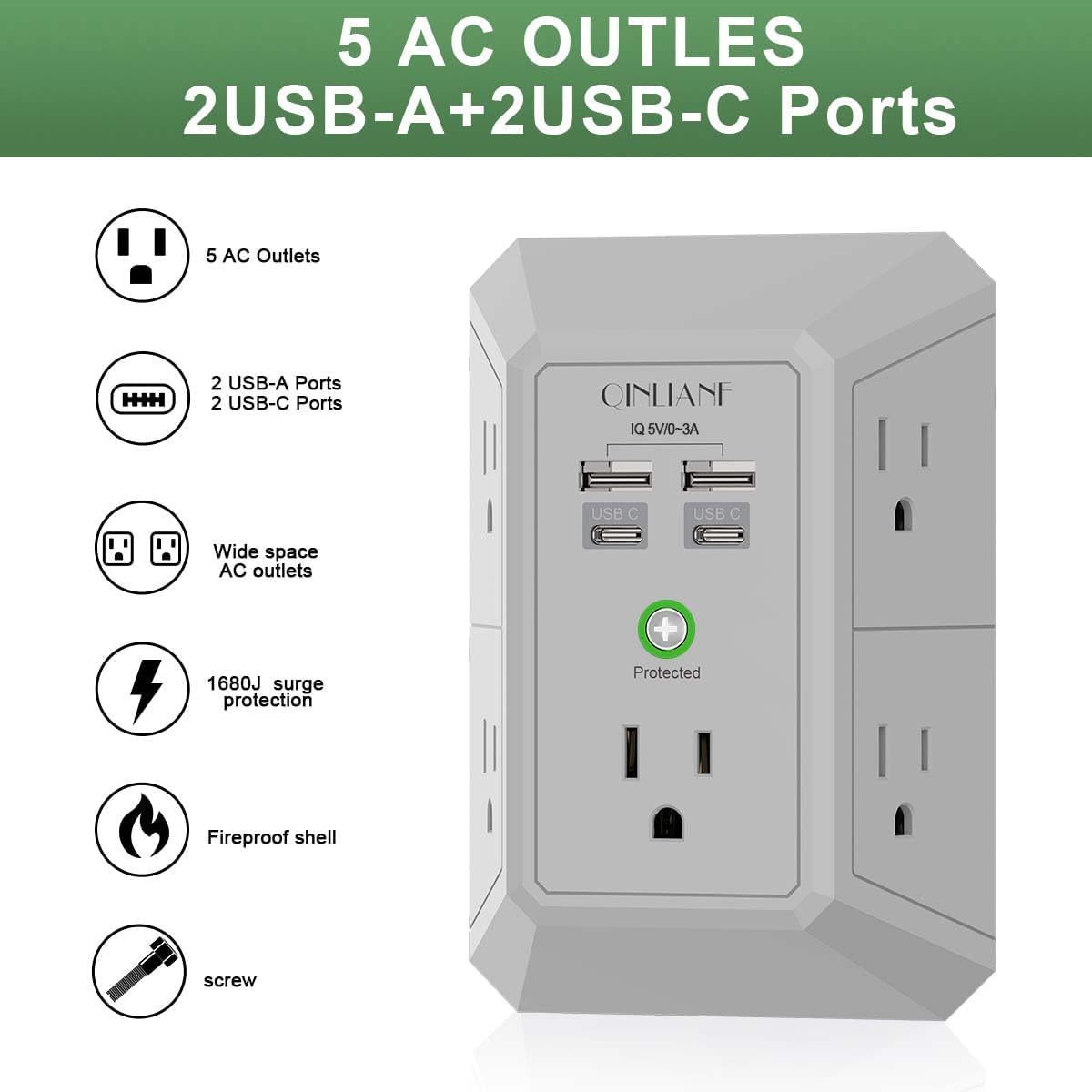 USB Wall Charger, Surge Protector, QINLIANF 5 Outlet Extender with 4 USB Charging Ports(2U2C) 3-Sided 1680J Power Strip Multi Plug Outlets Wall Adapter Spaced for Home Travel Office, Grey