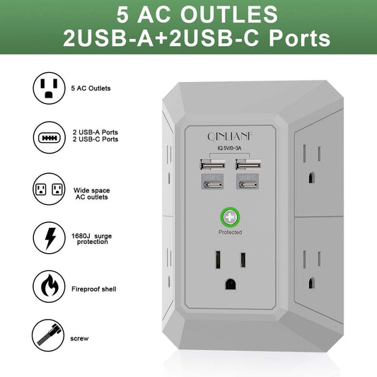USB Wall Charger, Surge Protector, QINLIANF 5 Outlet Extender with 4 USB Charging Ports(2U2C) 3-Sided 1680J Power Strip Multi Plug Outlets Wall Adapter Spaced for Home Travel Office, Grey