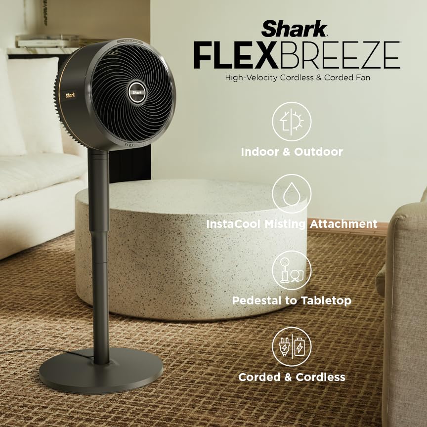 Shark FlexBreeze Fan, Indoor & Outdoor Oscillating Cooling Fan, Floor & Tabletop, Portable Cordless & Corded, Bedroom, Office & Patio Fan, InstaCool Misting Attachment & Remote, Grey, FA222