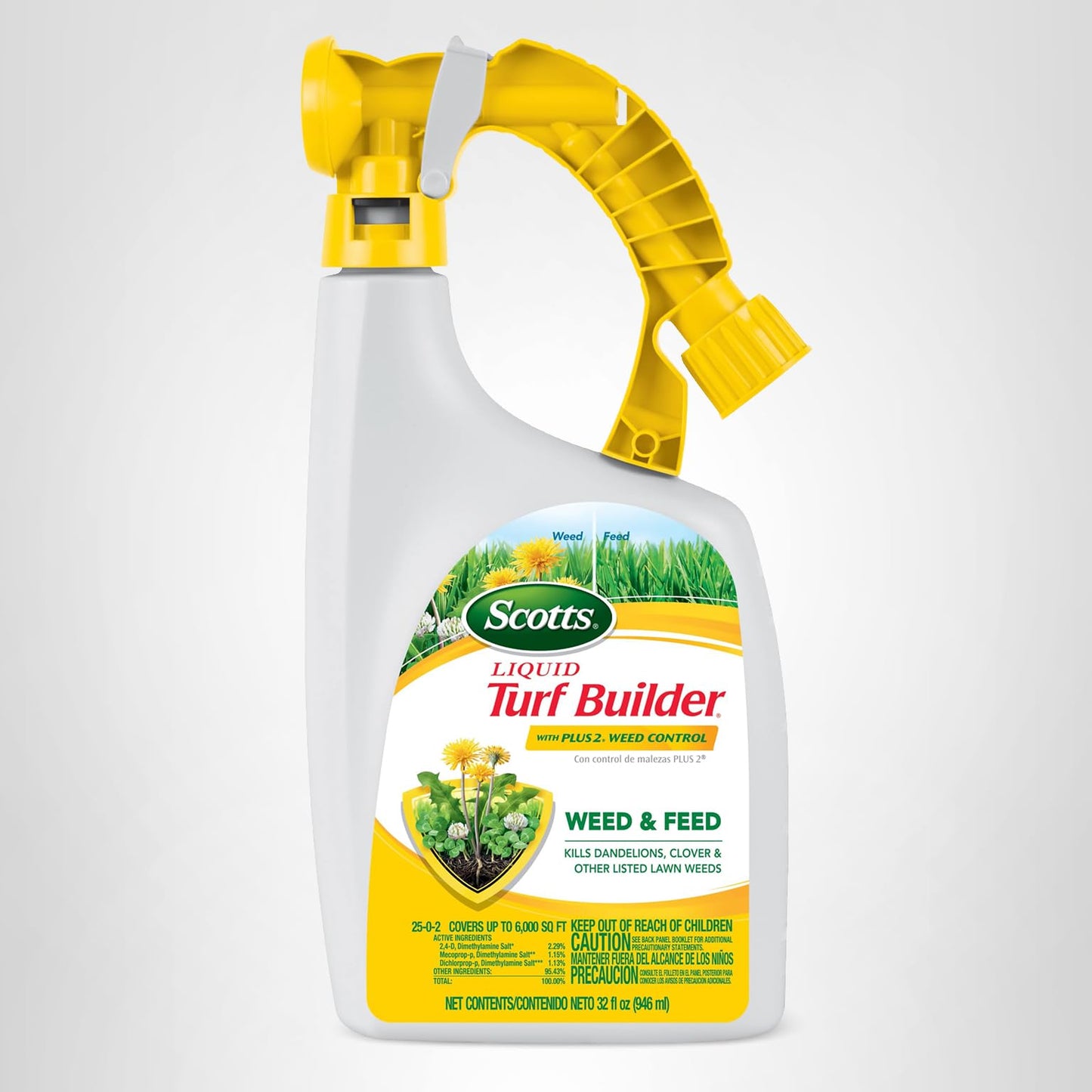 Scotts Liquid Turf Builder with Plus 2 Weed Control Ready-to-Spray - Liquid Weed Killer and Grass Fertilizer, Hose-End Applicator, 32 fl. oz.