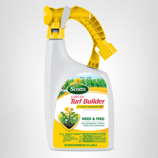 Scotts Liquid Turf Builder with Plus 2 Weed Control Ready-to-Spray - Liquid Weed Killer and Grass Fertilizer, Hose-End Applicator, 32 fl. oz.