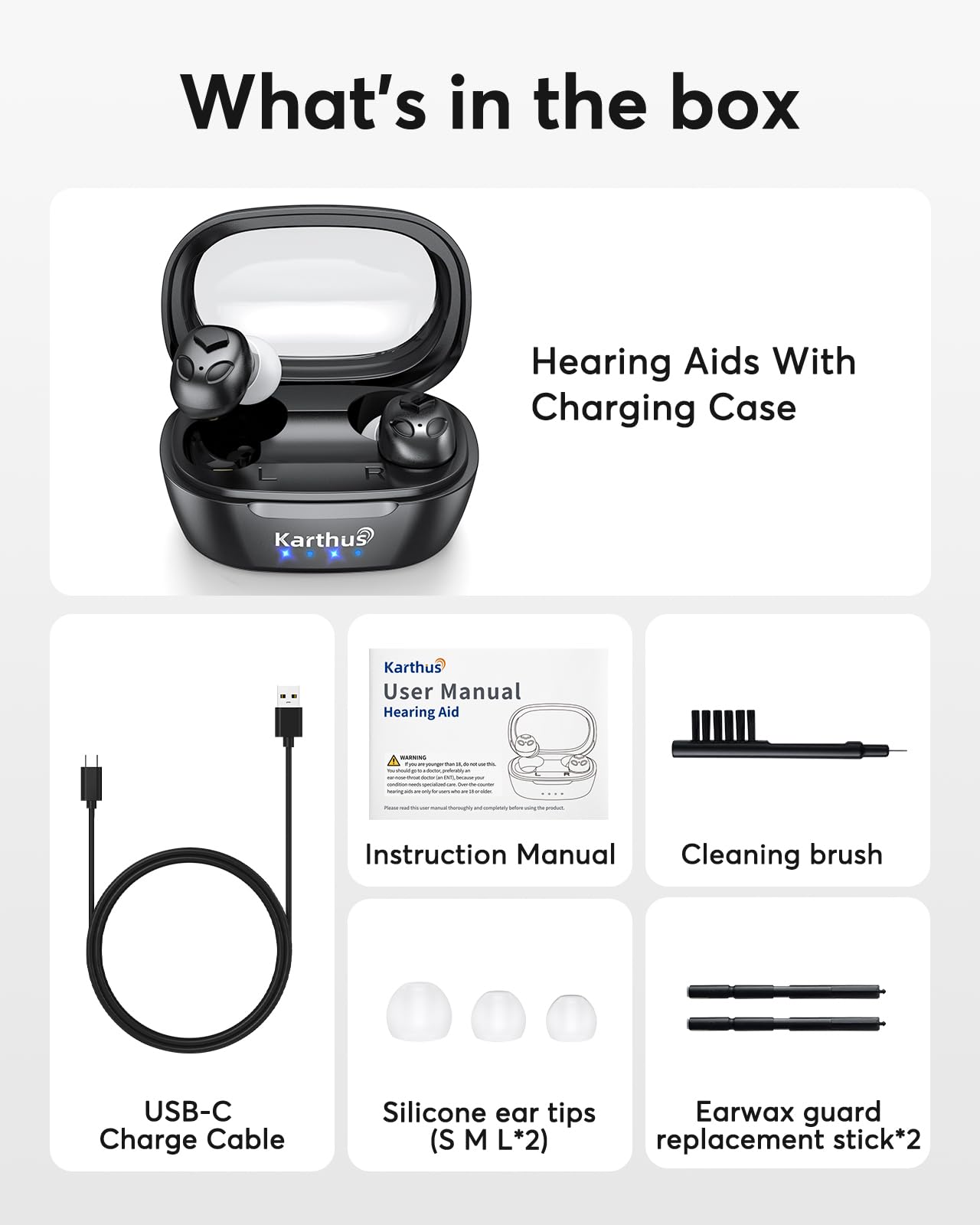 Karthus OTC Hearing Aids for Seniors & Adults, Rechargeable Hearing Aids with Noise Cancelling & Clear Sound, 16-Channel Digital DSP & 2 Environment Modes, 80+ Hour Battery Life, Comfort-Fit, Black
