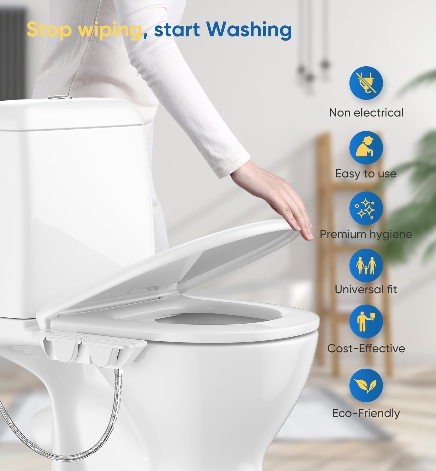 Ultra-Slim 3-in1 Bidet, Self-Cleaning, Posterior&Feminine Wash-(Retractable Dual Nozzles), Non-Electric Bidet Attachment for Toilet Seat, Adjustable Fresh Cold Water Pressure, Stainless Steel Inlet