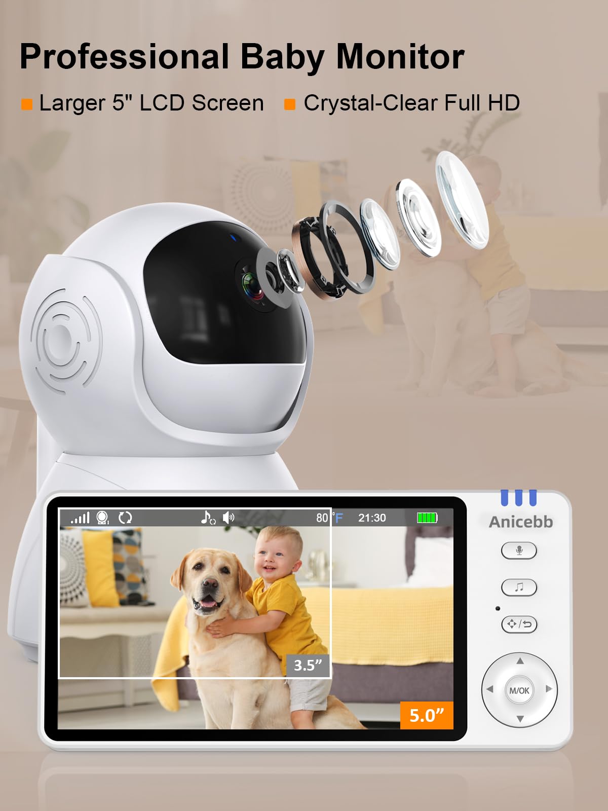 Anicebb 5" HD Video Baby Monitor with Camera and Audio, No WiFi Hack-Proof Security, Remote Pan-Tilt-Zoom, 100-Hour Battery Life in VOX Mode, 1000ft Range, Night Vision, Temperature & Cry Alerts