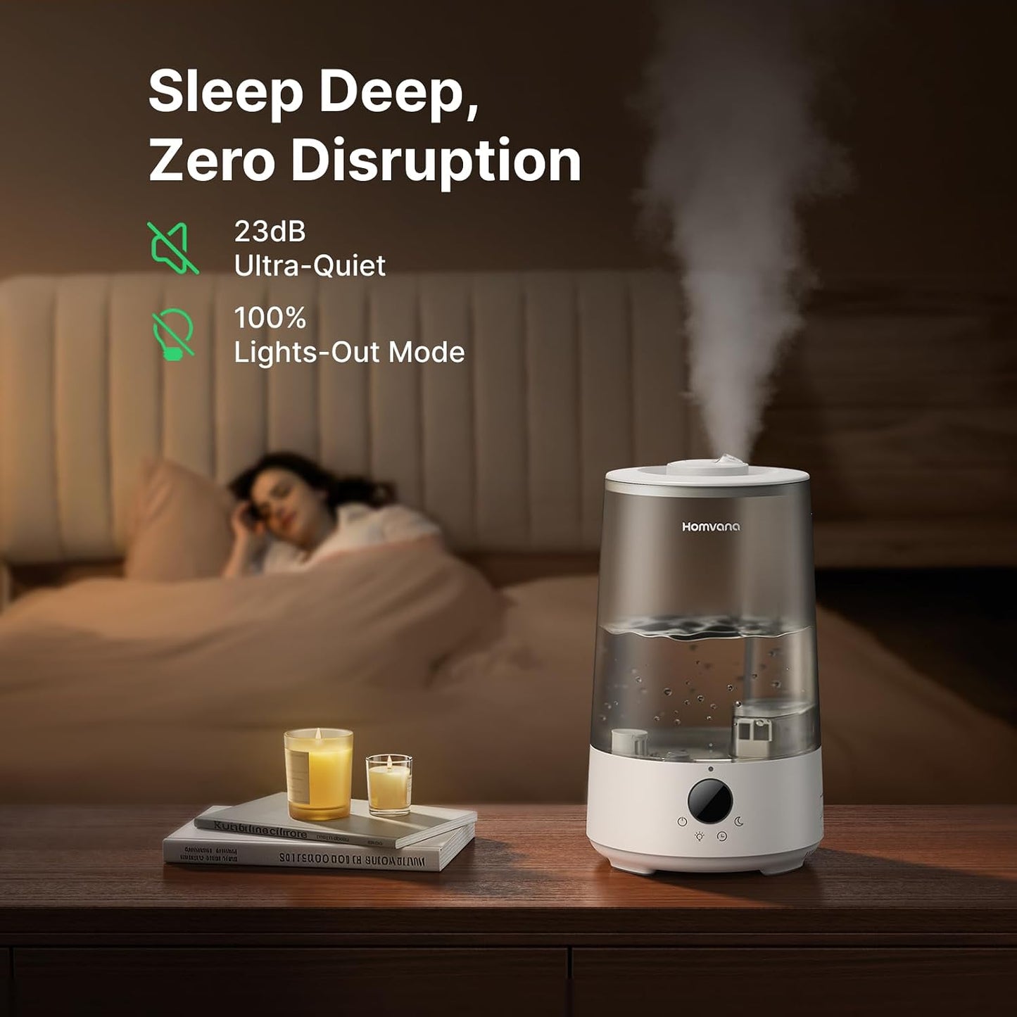 Homvana 3.6L Top-Fill Cool Mist Humidifiers for Bedroom, Large Room & Plants, 23dB Ultra-Quiet, Easy-to-Clean 2-in-1 Baby Humidifier & Oil Diffuser for Congestion Relief, Lasts Up to 4 Nights (Grey)