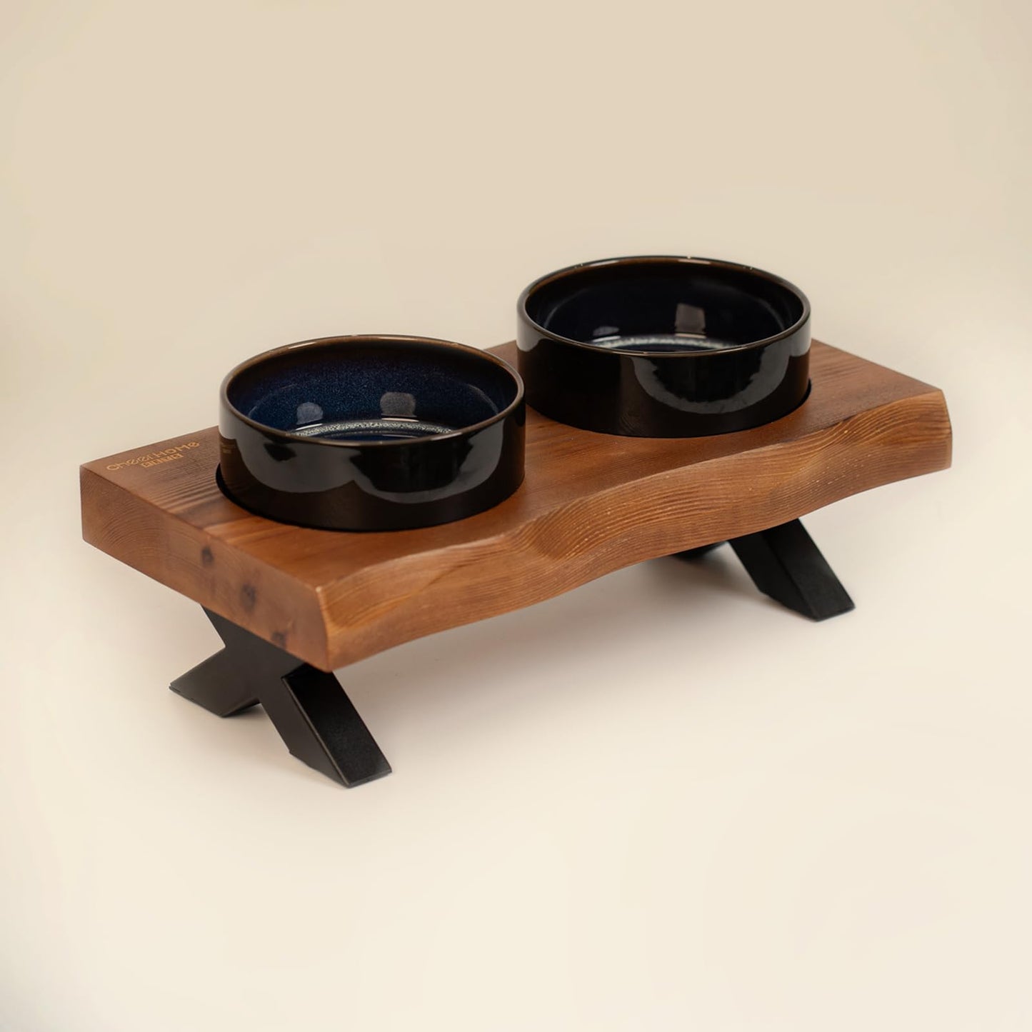 CHEERHOME PETS Raised Cat Ceramic Bowls for Small and Medium Dog, Solid Wooden Dog Food Bowl with Stand, Food Feeding Dishes Water Bowl for Cats and Puppy(Grilled Pine Wood)