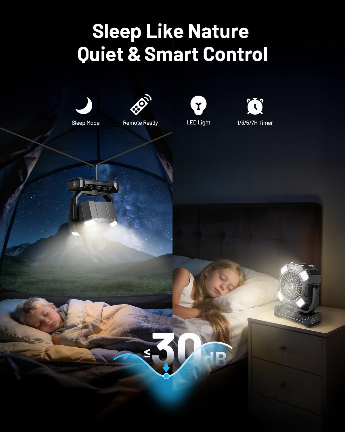BLBS Camping Misting Fan, 24000mAh Rechargeable Battery Powered, 80H Runtime, 300ml Water Tank, LED Light & Hook, Portable Outdoor Fan for Camping Travel（Black）