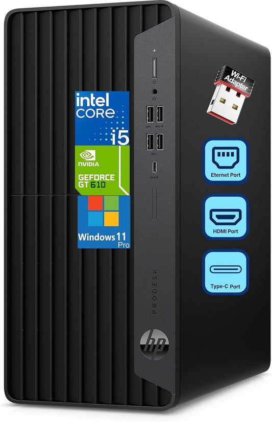HP ProDesk 600 Microtower Business Desktop Computer, 16GB DDR4 RAM, 1TB PCIe SSD, Intel 6-Core i5-10400F, GeForce GT 610 2GB, WiFi Adapter, RJ45, HDMI, DVI-I Port, VGA, Type-C, Windows 11 Pro