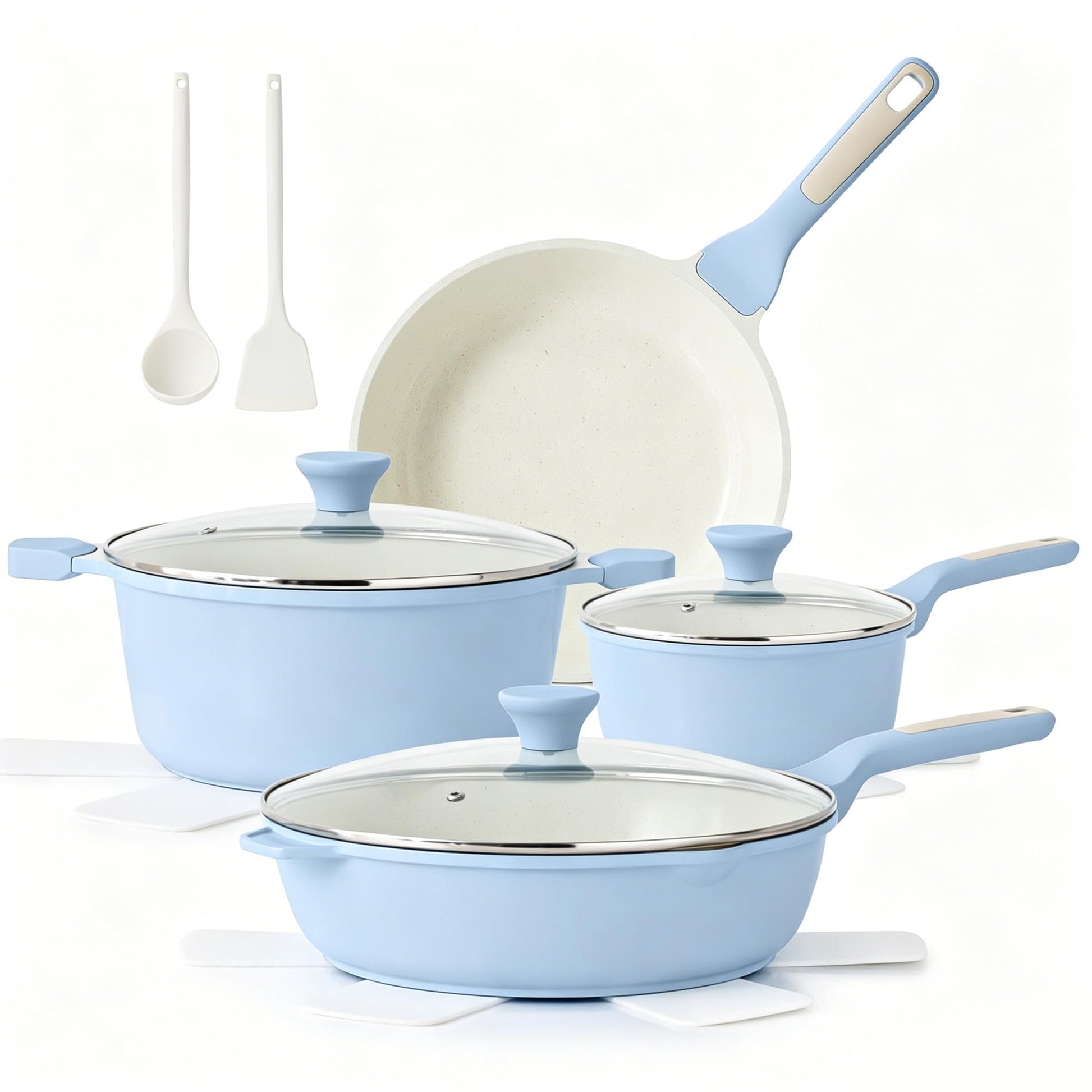 SENSARTE Nonstick Ceramic Cookware Set, 13-Piece Non-toxic Pots and Pans Set, Healthy Kitchen Cooking Set with Stay-Cool Handles, Silicone Tools and Pot Protectors, PFAS Free