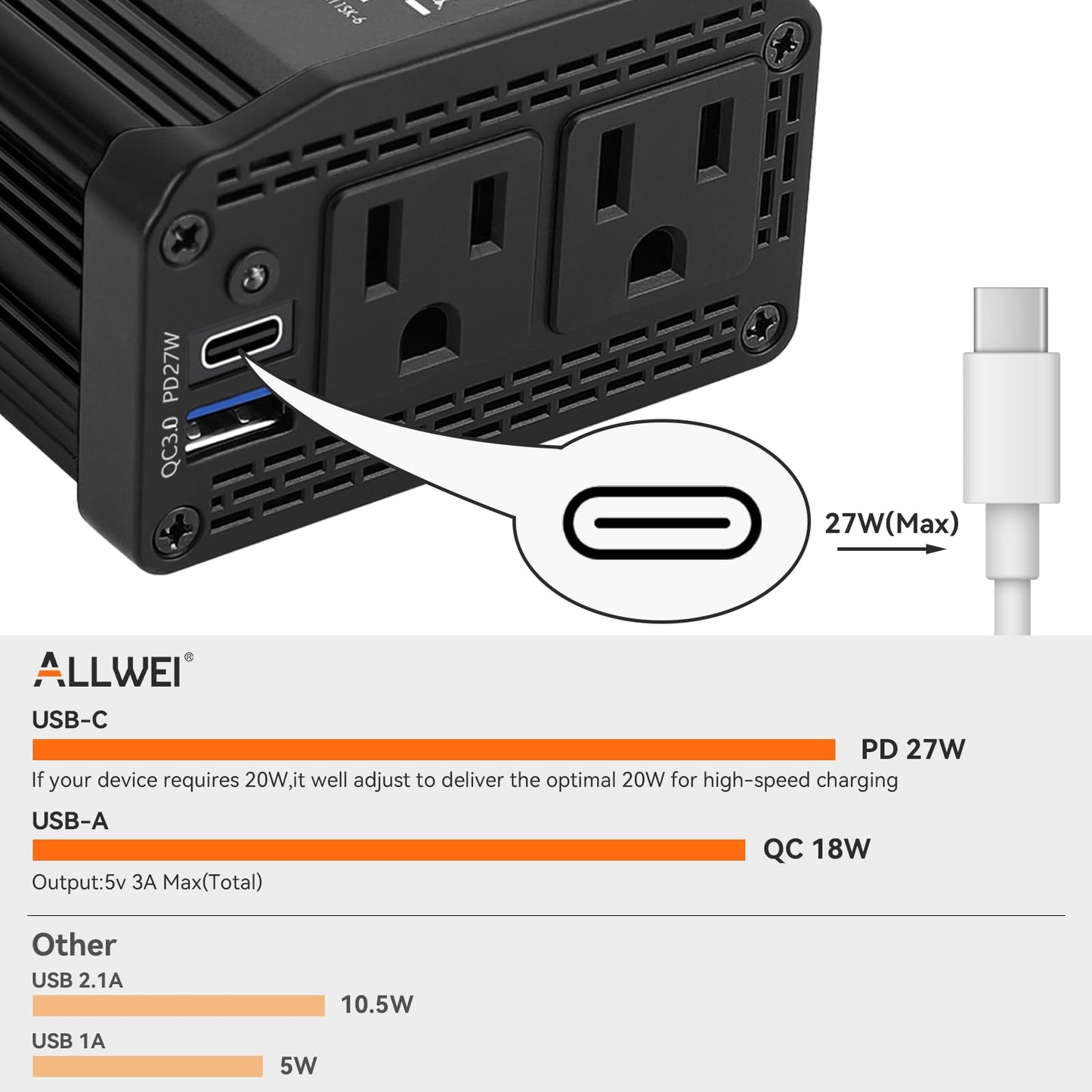 ALLWEI 300W Power Inverter 12V DC to 110V AC Car Plug Adapter Outlet Converter with 27W PD USB-C &18W USB-A Fast Charger, Car Cigarette Lighter Adapter for Phone, Laptop on Road Trip-Black