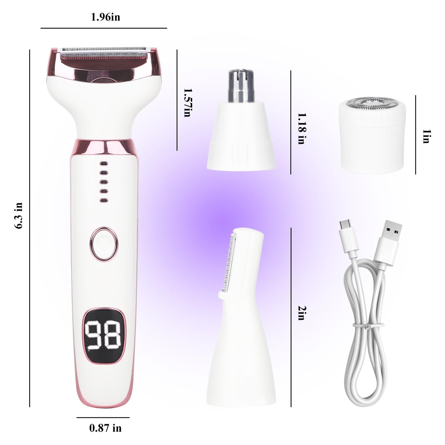 Beanify Wet & Dry Electric Razor for Women Men,4 in 1 Rechargeable Led Display Electric Shaver and Facial Hair Remover,Painless Ladies Body Razors for Nose Face Body Leg Bikini Arm Hair (White)