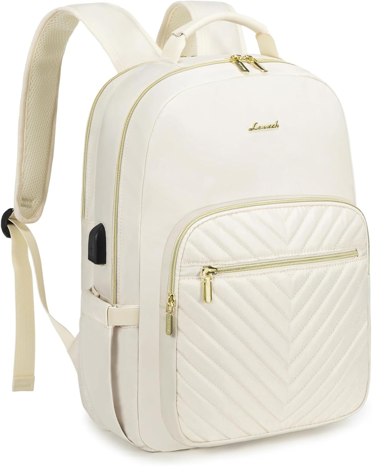 LOVEVOOK Laptop Backpack Purse for Women, Work Travel Computer Bags, College School Backpack for Student Girl, Quilted Casual Daypack with USB Port, Fit 15.6 Inch Laptop, Beige White