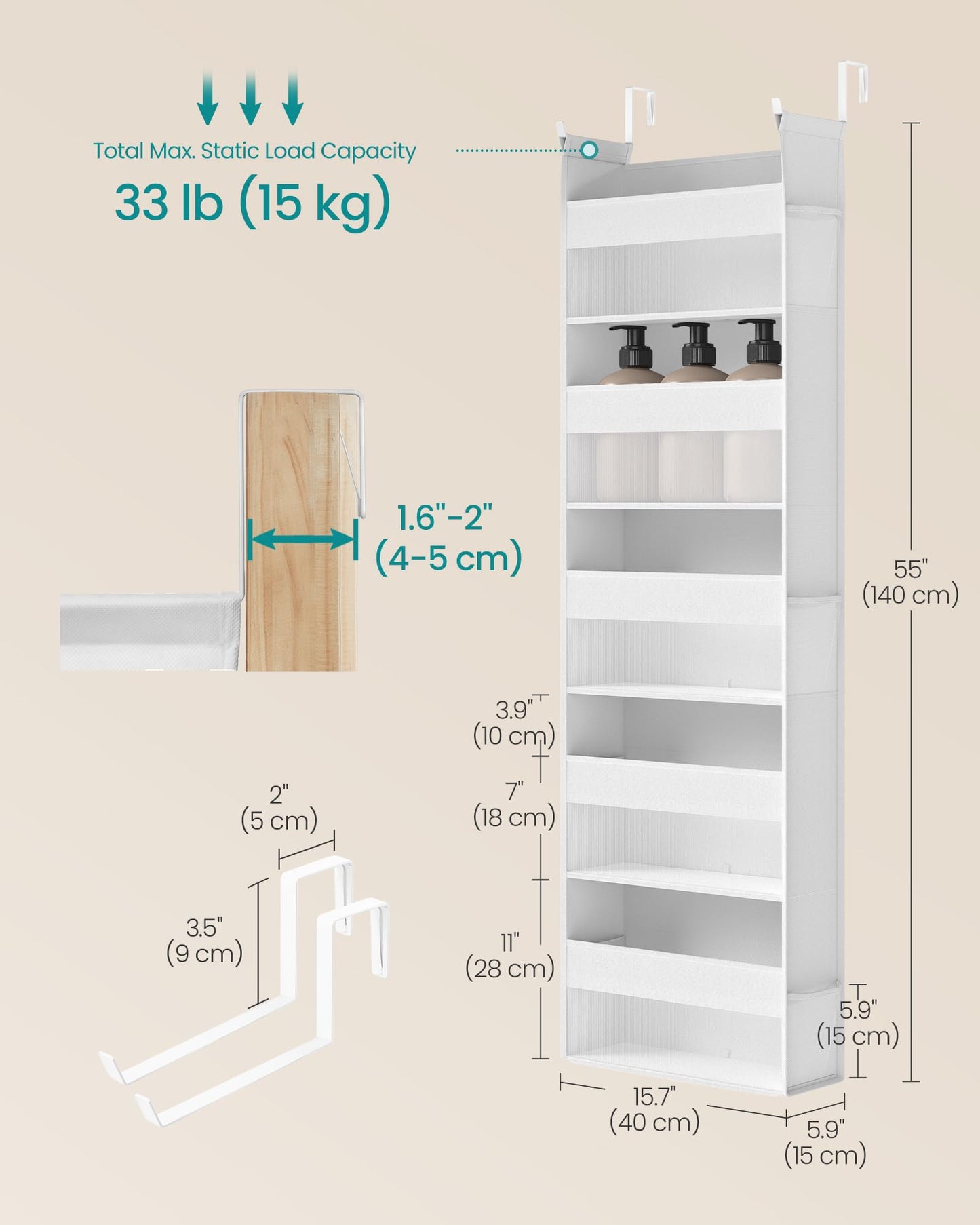 SONGMICS Over The Door Organizer, Hanging Door Organizer with 5 Large Pockets, 5-Tier Fabric Storage, Transparent Nylon Mesh, Foldable, Metal Hooks, with Side Pouches, Cloud White URDH007W01