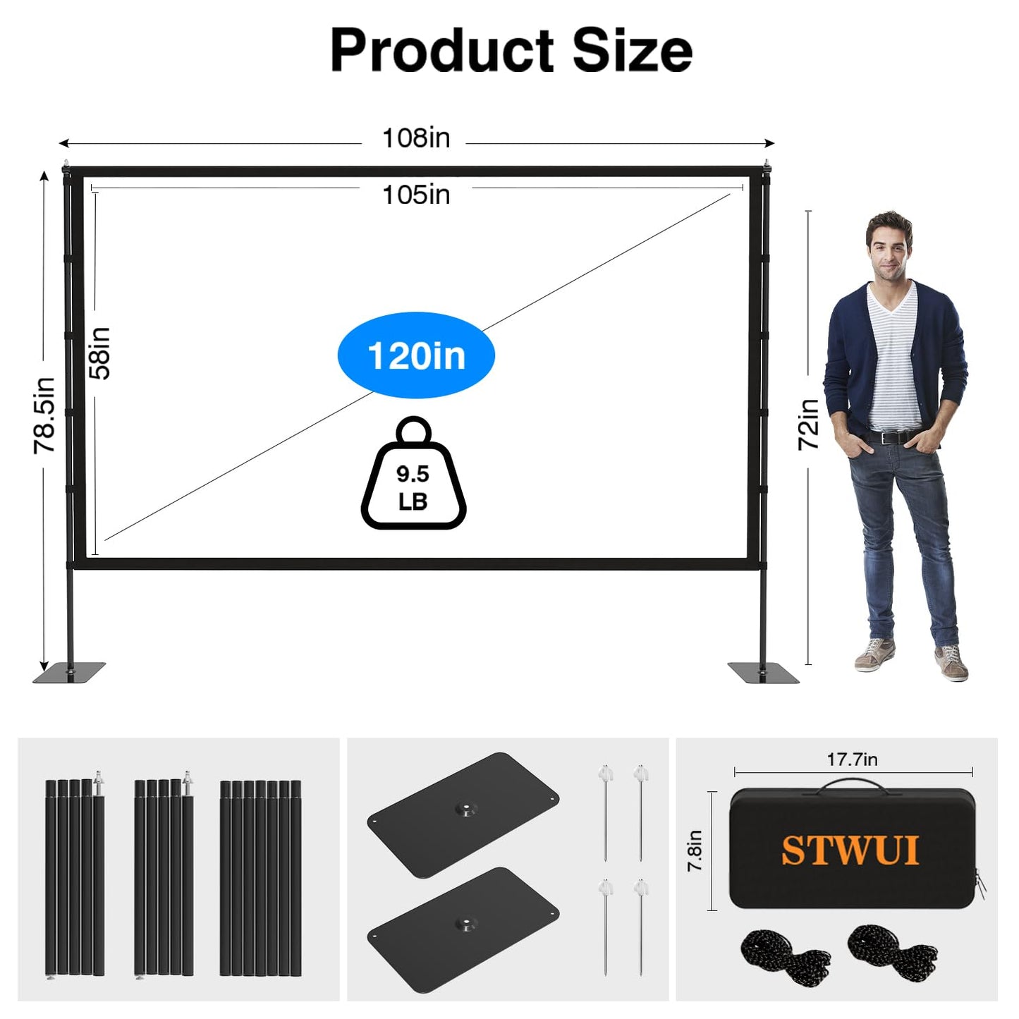 STWUI Outdoor-Projector-Screen-with-Stand - 120 inch Portable Projection Screen Indoor Outdoor Projector Screens 16:9 4K HD Lightweight Movie Screen with Carry Bag for Backyard Movie Night 1pcs