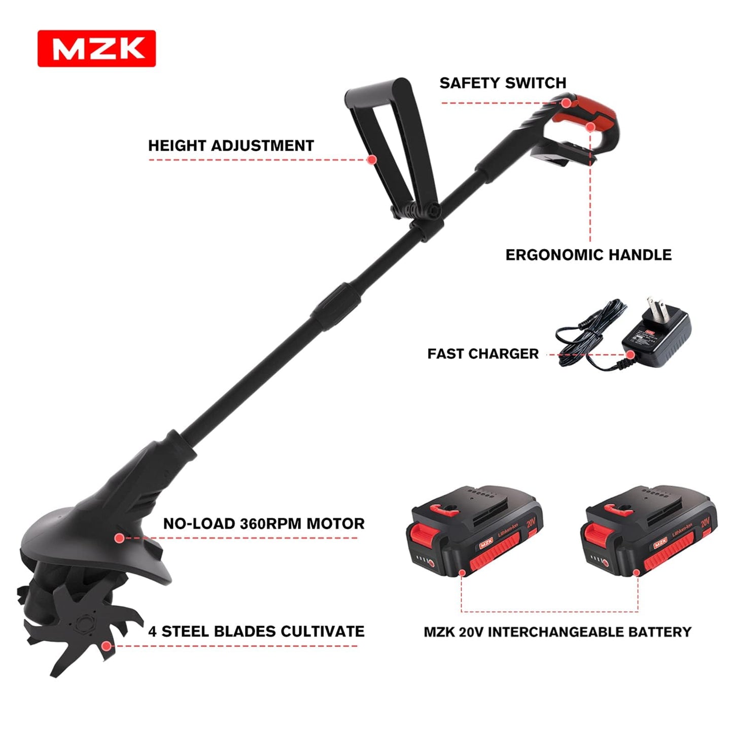 MZK 20V Cordless Tiller Cultivator with Steel Tines,8-inch Wide Battery Powered Garden Cultivator, 360RPM Electric Mini Tiller for Lawn/Gardening/Soil Cultivation(2 * 2AH Battery&Charger Included)