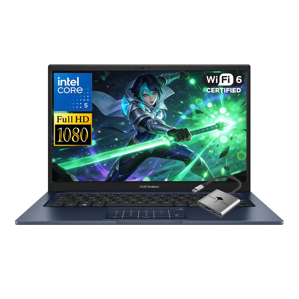 ASUS Vivobook 14 14" FHD Laptop, Intel 10-Core 5 120U(Up to 5GHz), 8GB RAM 512GB SSD, Win 11 WiFi 6 Bluetooth Laptop for Designer Business Gaming Student Study Work w/GM Accessory