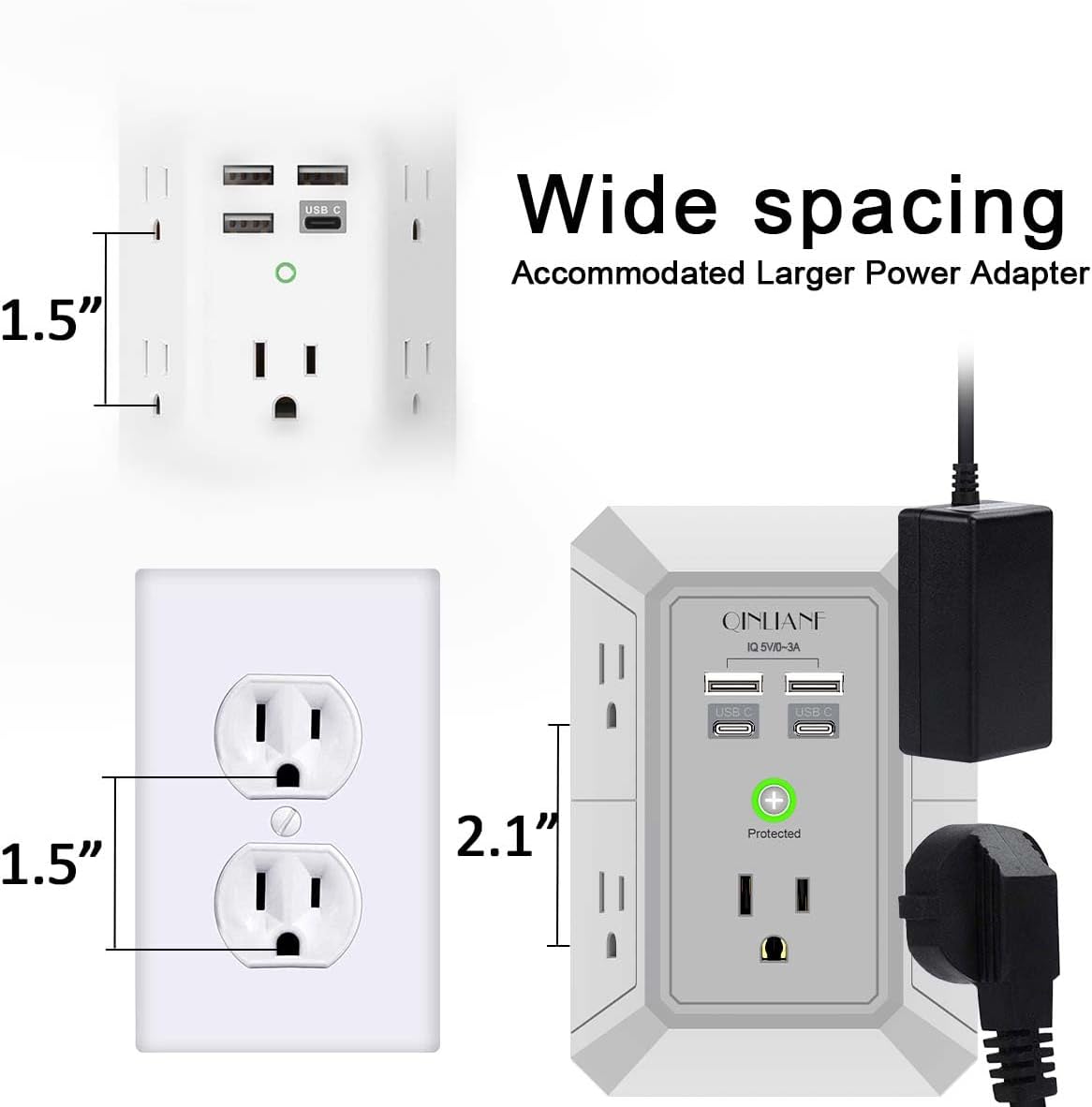 USB Wall Charger, Surge Protector, QINLIANF 5 Outlet Extender with 4 USB Charging Ports(2U2C) 3-Sided 1680J Power Strip Multi Plug Outlets Wall Adapter Spaced for Home Travel Office, Grey