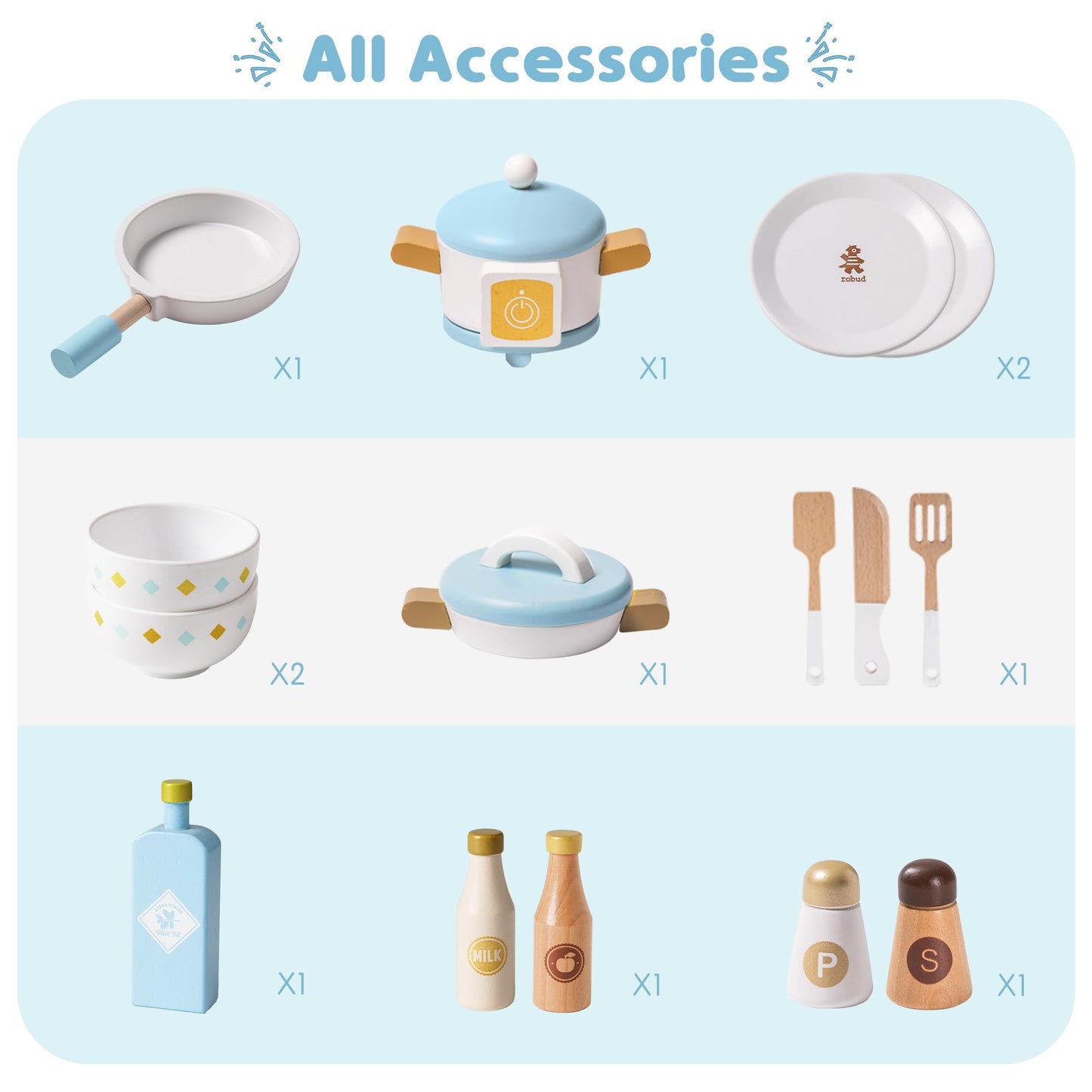 ROBUD Wooden Play Kitchen Set for Kids Toddlers, Toy Kitchen Gift for Boys Girls, Age 3+