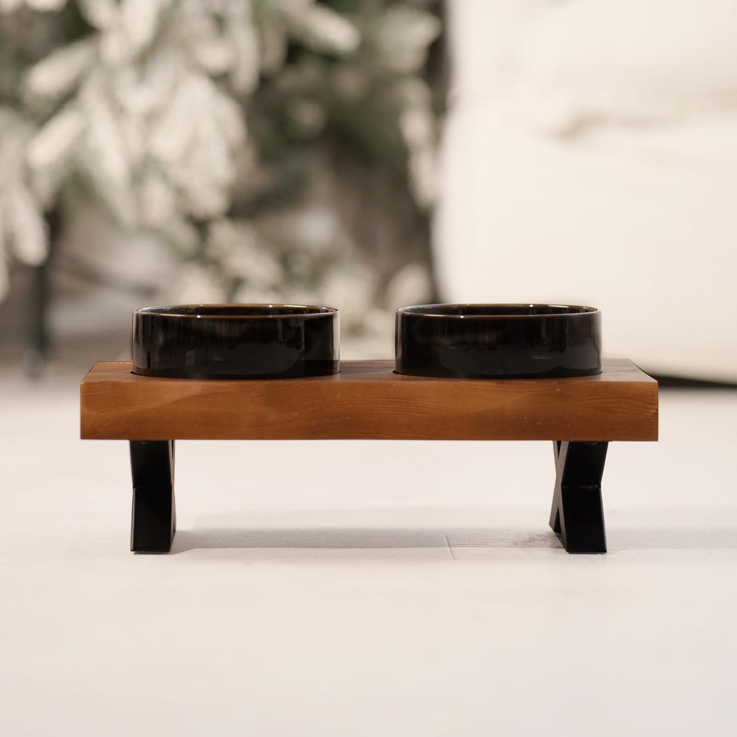 CHEERHOME PETS Raised Cat Ceramic Bowls for Small and Medium Dog, Solid Wooden Dog Food Bowl with Stand, Food Feeding Dishes Water Bowl for Cats and Puppy(Grilled Pine Wood)