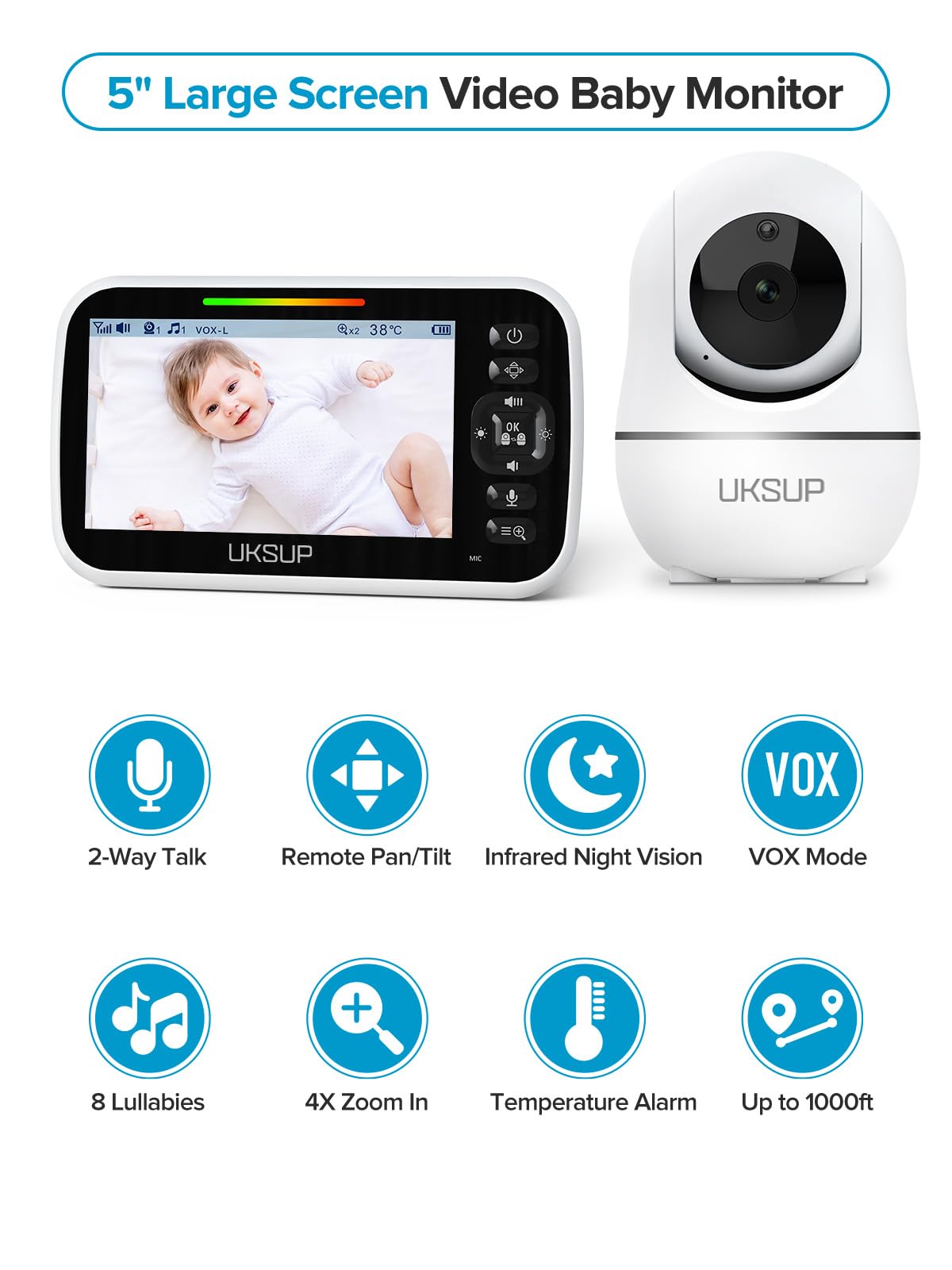 UKSUP SM663V2 Baby Monitor with 2 Cameras - 5" Display Video Baby Monitor with Remote Pan & Tilt, 2X Zoom,Auto Night Vision, 2 Way Talk, Temperature Sensor,Lullabies,960 Feet Range
