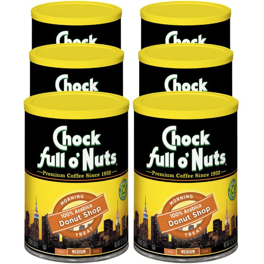 Chock Full o' Nuts Donut Shop Ground Coffee – Premium Beans in Recyclable Steel Can – Rich Flavor & Aroma, Medium Roast – Perfect for Drip, Pour-Over, Percolator – 10.2 Oz Can, Pack of 6