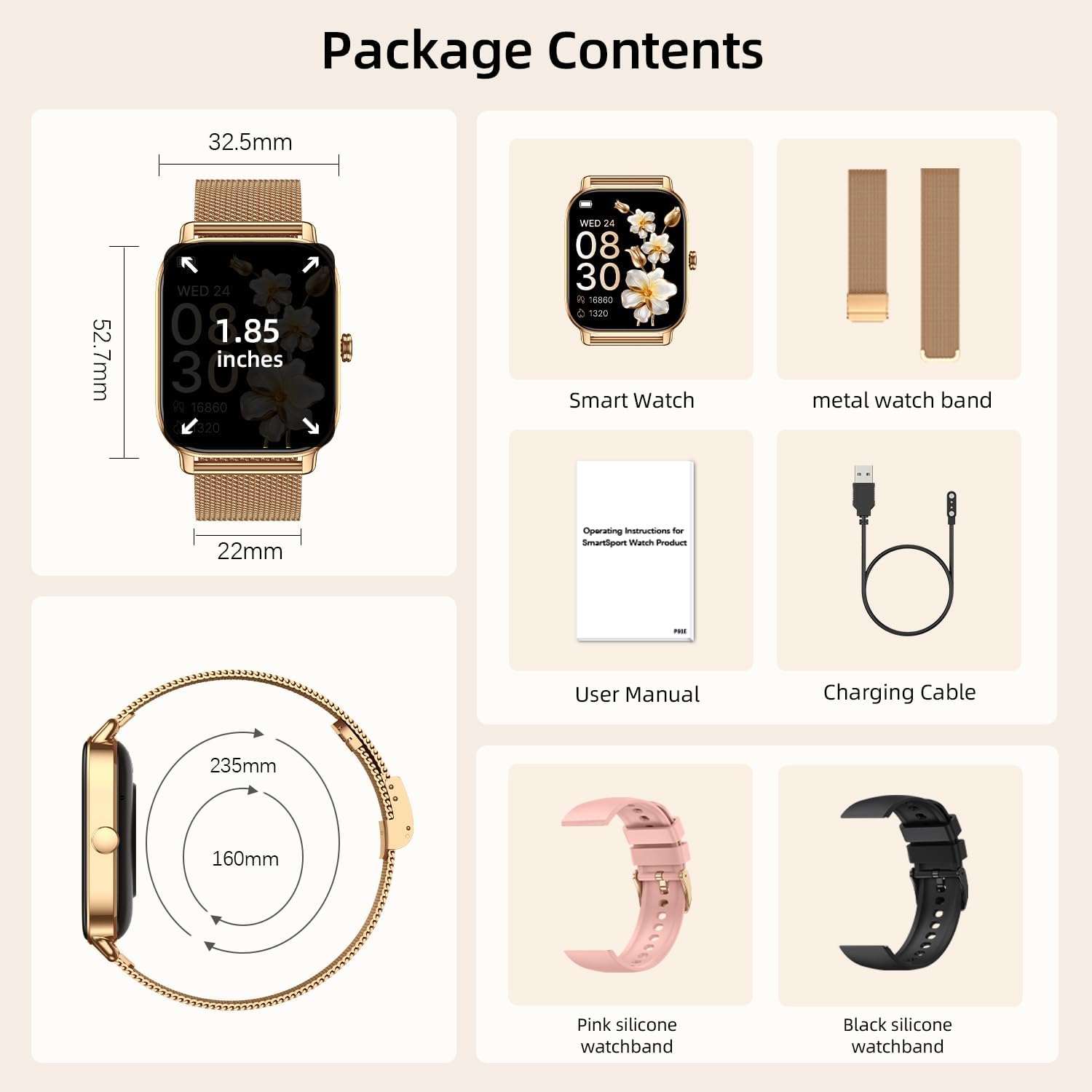 Smart Watch for Women Android/iPhone: Fitness Tracker Smart Watches Rose Gold IP68 Waterproof Bluetooth Calls Answer&Make 1.85" Smartwatch Activity Pedometer Heart Rate SpO2 Monitor 120+ Sports Model