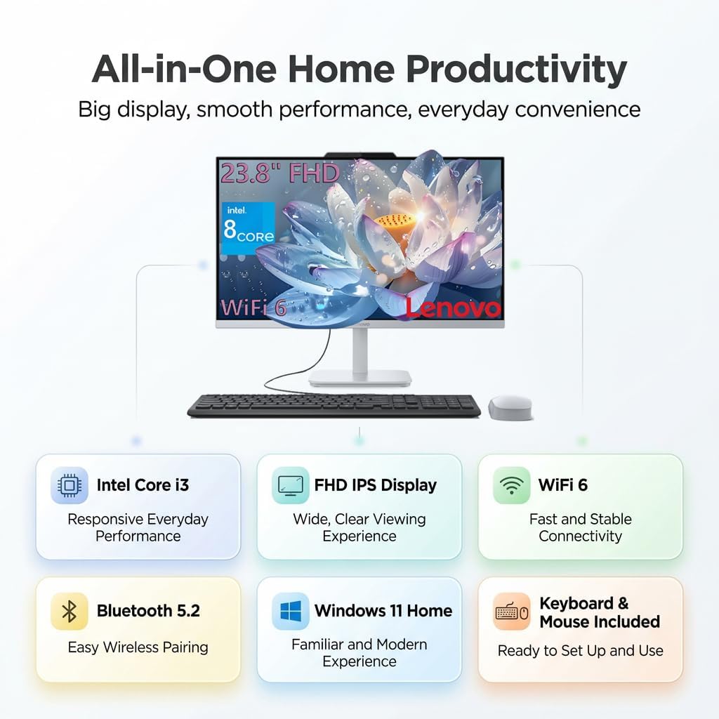 Lenovo Flagship 24" FHD All-in-One Desktop • 2026 Business Edition • Intel 8-Core Processor (up to 3.8 GHz) • 8GB DDR4 RAM • 512GB SSD, • Wi-Fi 6 • Windows 11