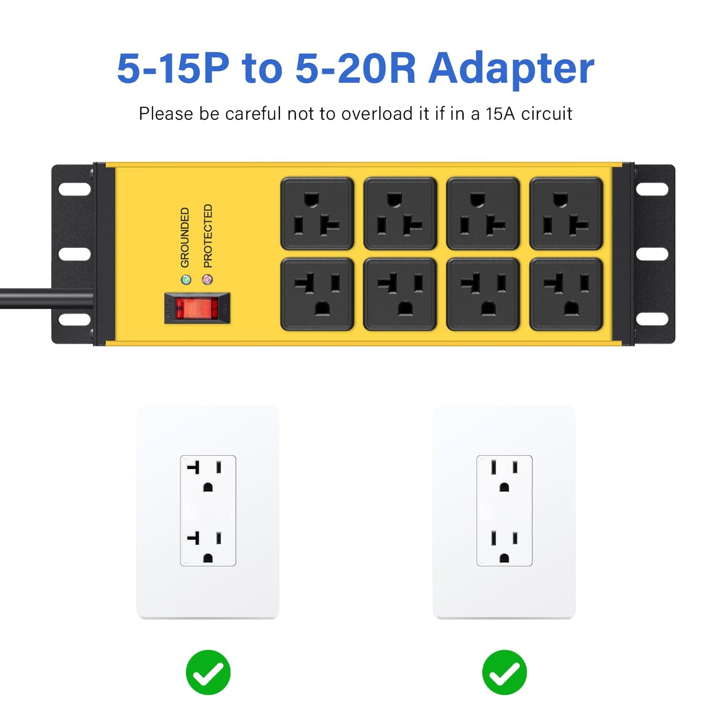 CCCEI Heavy Duty Power Strip Surge Protector 20 AMP Switch, 12 Gauge Extension Cord with Multiple Outlets, Industrial, Shop, Garage High Amp Wall Mount Electric Extender. 6FT, Yellow.