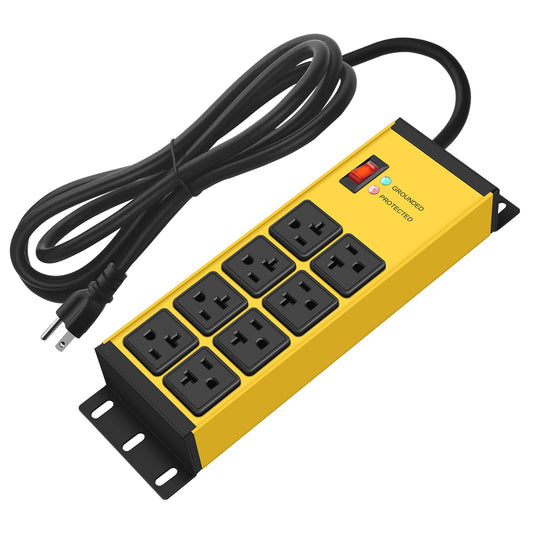 CCCEI Heavy Duty Power Strip Surge Protector 20 AMP Switch, 12 Gauge Extension Cord with Multiple Outlets, Industrial, Shop, Garage High Amp Wall Mount Electric Extender. 6FT, Yellow.