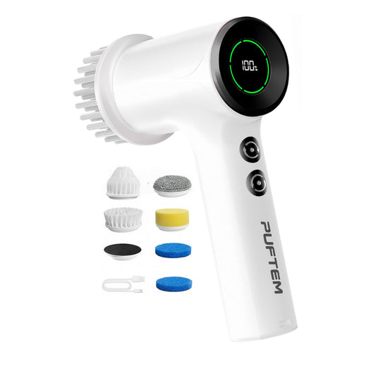 PUFTEM Electric Spin Scrubber for Bathroom Cleaning, Cordless Shower Scrubber with 6 Brush Heads, Dual-Direction Rotation, Handheld Cleaning Brush for Grout, Tile, Tub, Sink & Corners, White