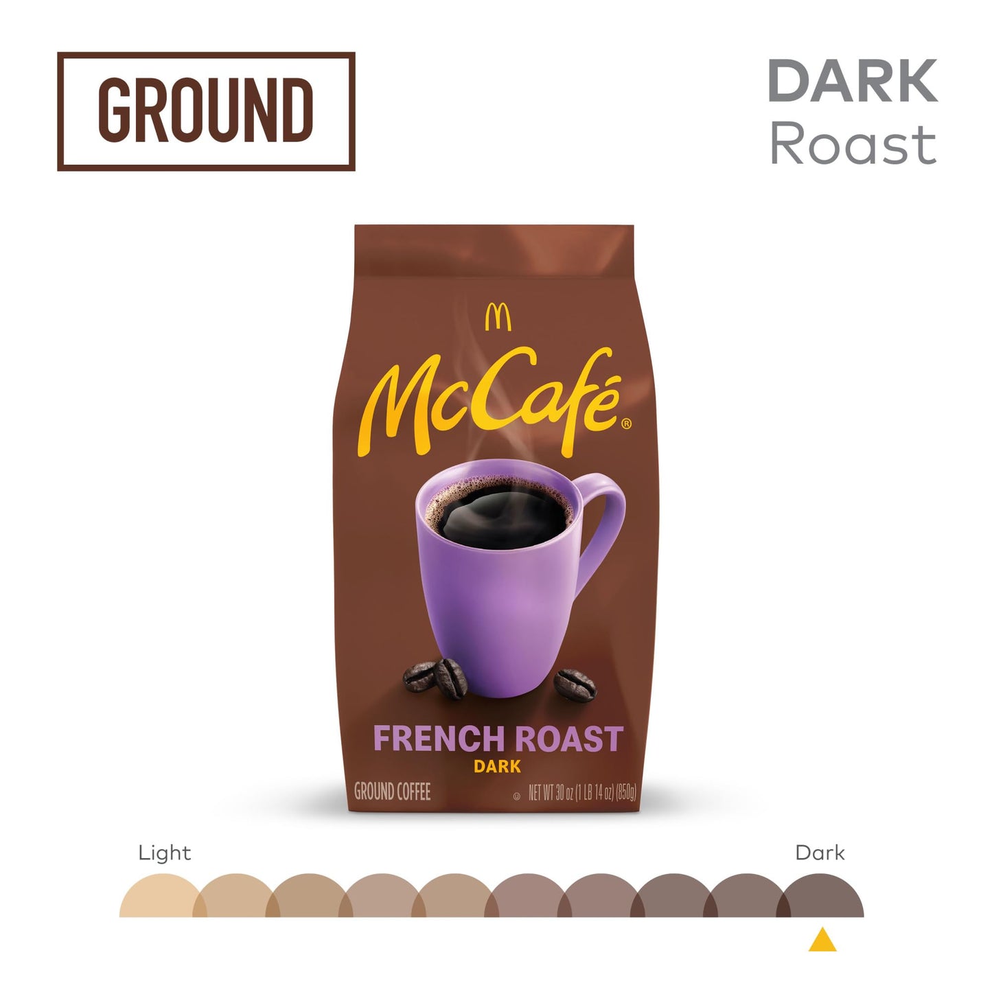 McCafe French Roast, Ground Coffee, Dark Roast, Dark Cocoa Flavor Hints, Premium Quality, Responsibly Sourced, Kosher Certified, 30oz. Bag