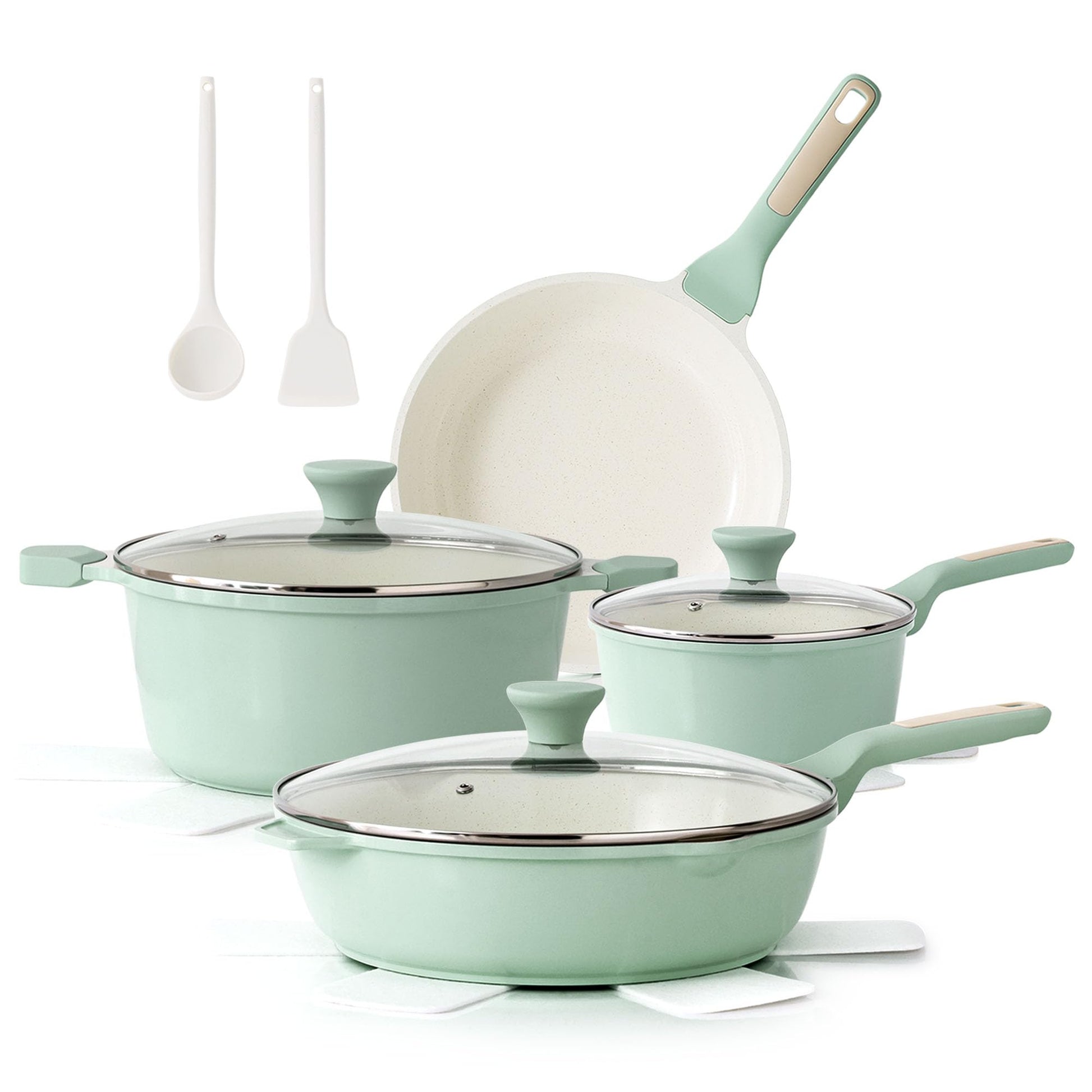 SENSARTE Nonstick Ceramic Cookware Set, 13-Piece Non-toxic Pots and Pans Set, Healthy Kitchen Cooking Set with Stay-Cool Handles, Silicone Tools and Pot Protectors, PFAS Free