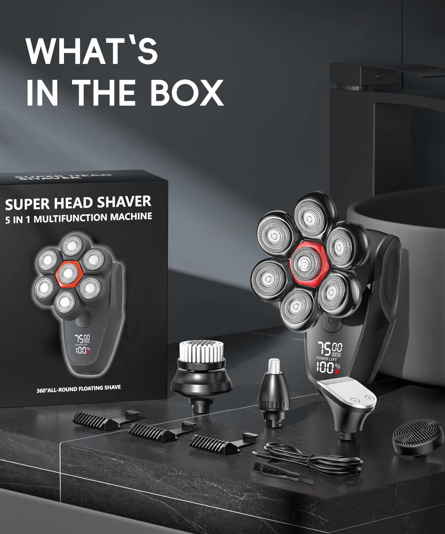 MALEGEBAZ Head shavers for Bald Men 5-in-1 Men's Grooming Kit, 7D Rotary Electric Head Shaver, IPX8 Waterproof Wet/Dry High-Gloss Black